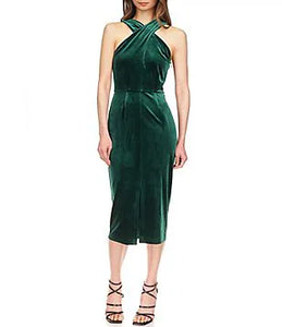 MICHAEL KORS STRETCH VELVET TWIST NECK MIDI DRESS IN EMERALD GREEN MICHAEL KORS STRETCH VELVET TWIST NECK MIDI DRESS IN EMERALD GREEN