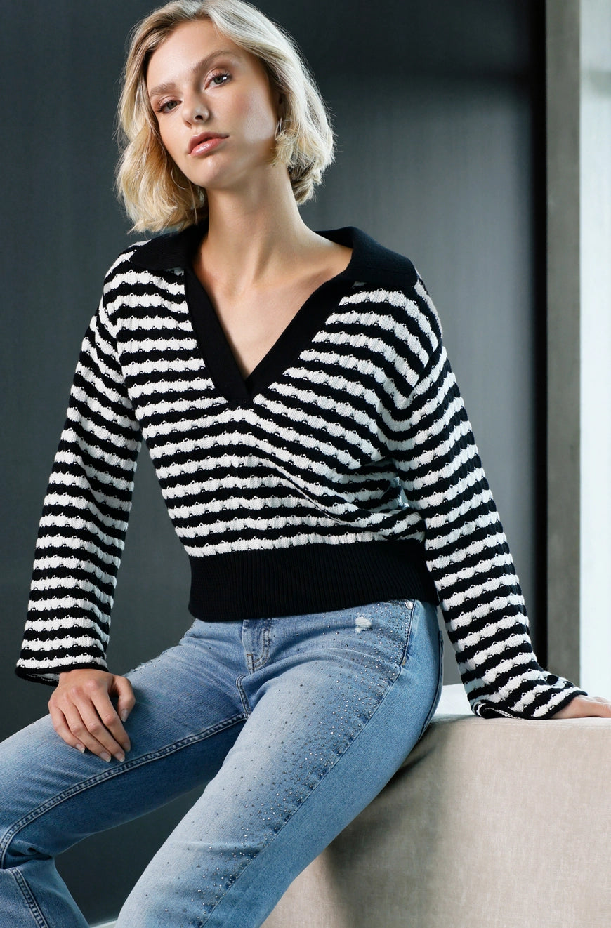 MONARI POLO SWEATER WITH STRUCTURED STRIPES