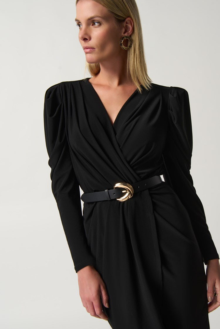 PUFF SLEEVE BELTED WRAP DRESS