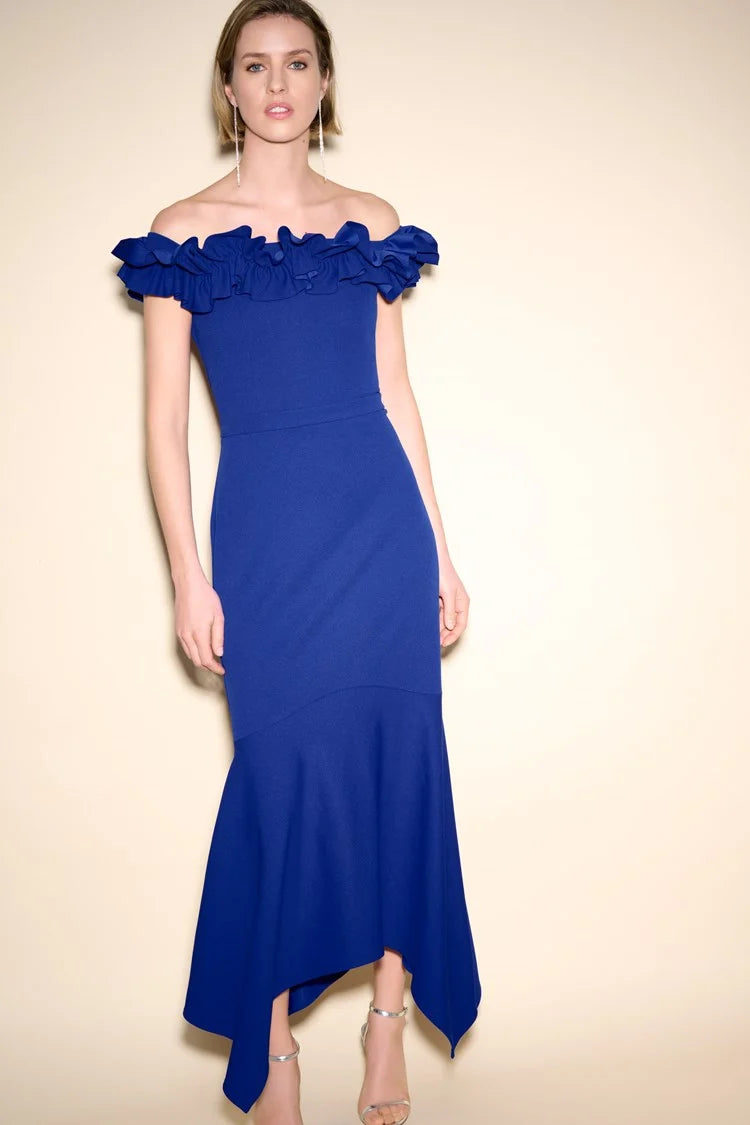 JOSEPH RIBKOFF OFF THE SHOULDER RUFFLE GOWN IN ROYAL SAPPHIRE 233741