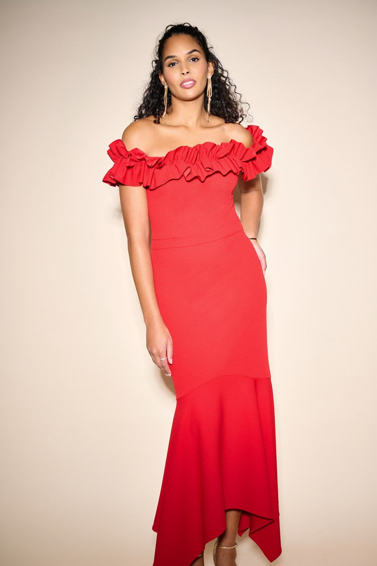 OFF THE SHOULDER RUFFLE GOWN IN LIPSTICK RED