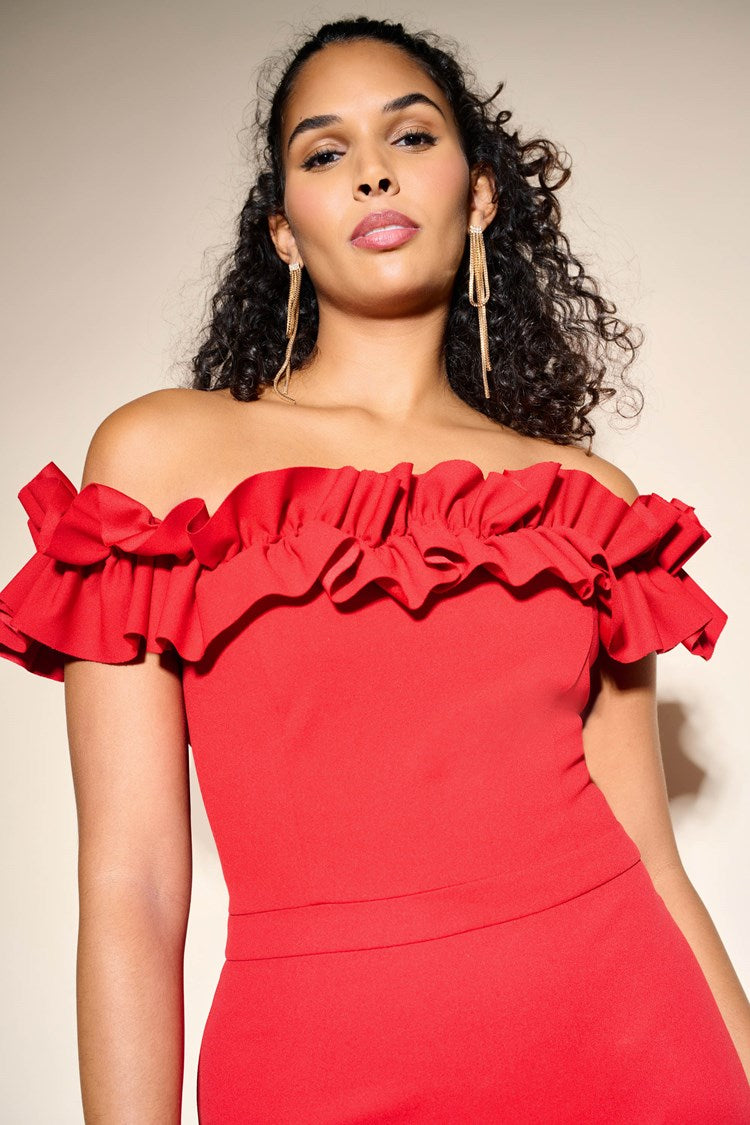 OFF THE SHOULDER RUFFLE GOWN IN LIPSTICK RED