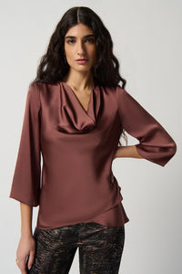COWL NECK SATIN FLARED TOP IN TOFFEE
