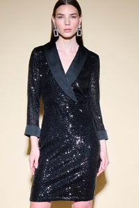 SEQUIN DRESS WITH SATIN COLLAR AND CUFFS