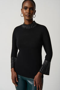 EMBELLISHED SWEATER WITH BELL SLEEVE AND MOCK NECK