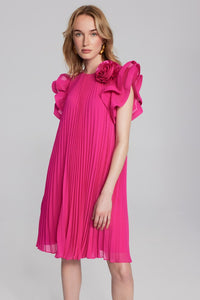 CHIFFON PLEATED DRESS WITH ORGANZA DETAIL IN SHOCKING PINK 241758