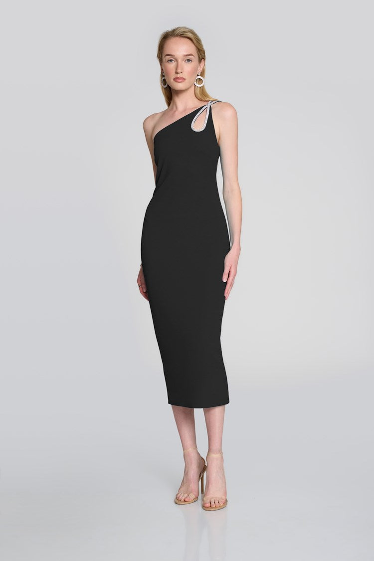 SCUBA CREPE ONE SHOULDER SHEATH DRESS AVAILABLE IN BLACK 242708
