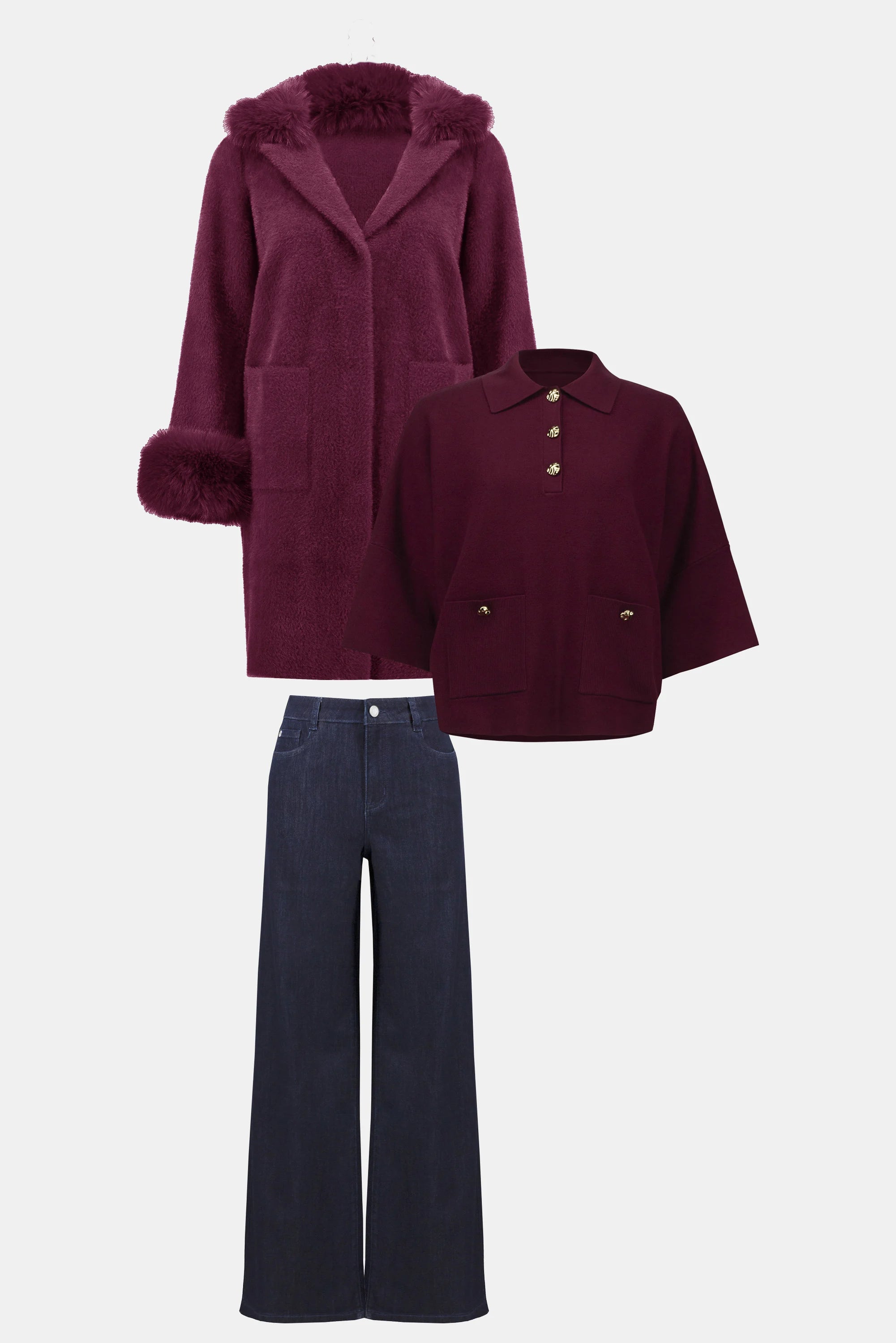 FEATHER YARN FAUX FUR SWEATER COAT AVAILABLE IN MERLOT 243923