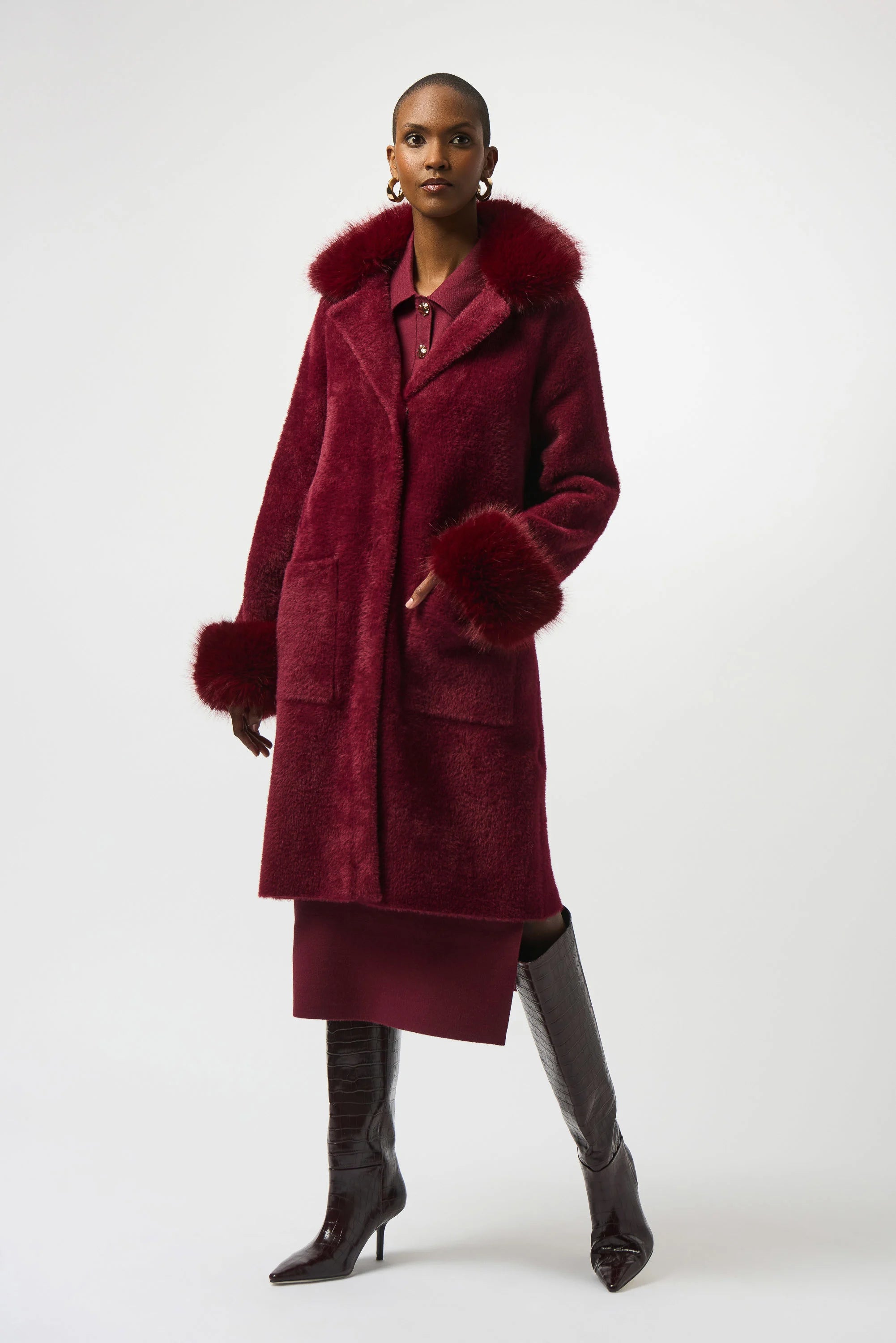 FEATHER YARN FAUX FUR SWEATER COAT AVAILABLE IN MERLOT 243923