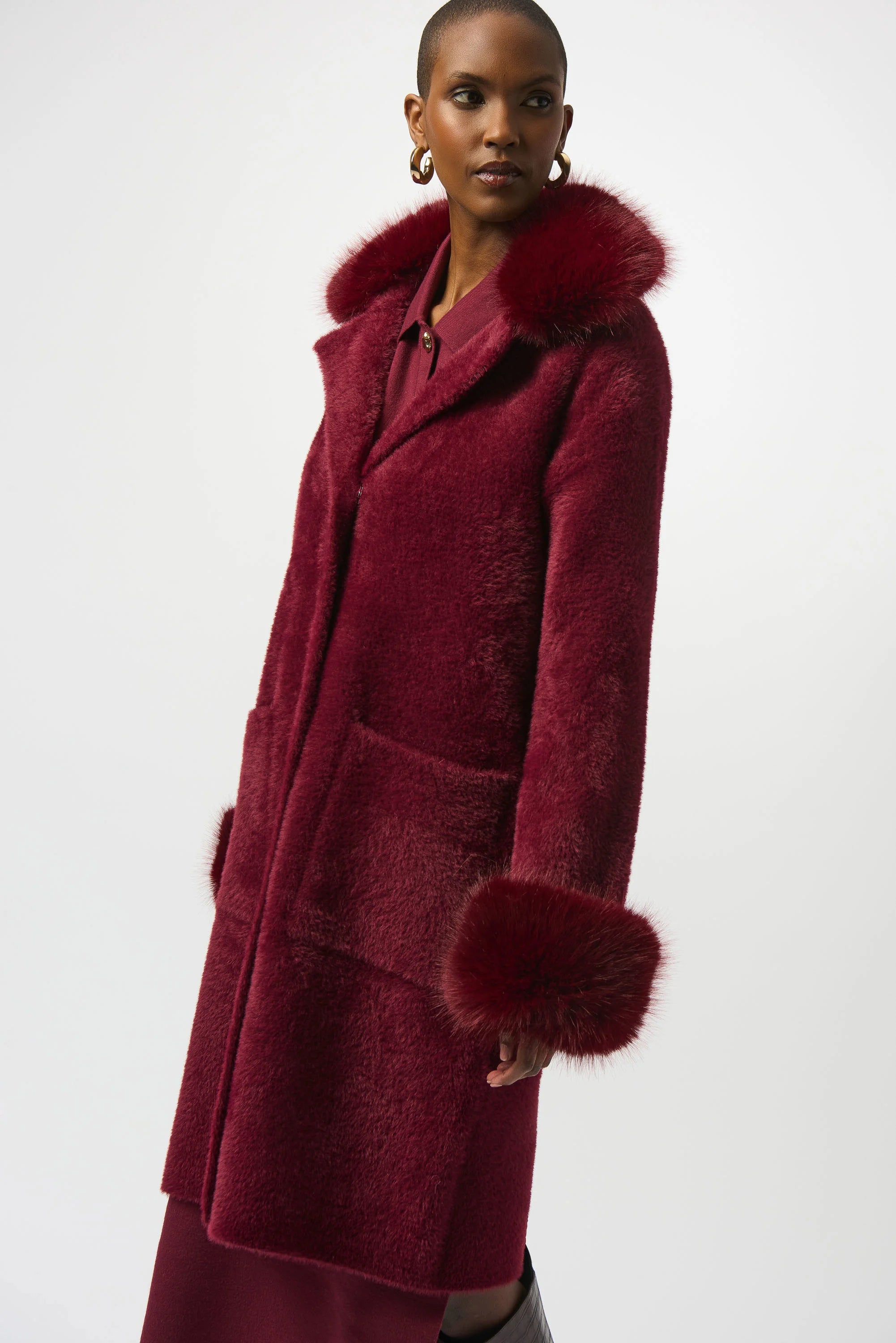 FEATHER YARN FAUX FUR SWEATER COAT AVAILABLE IN MERLOT 243923