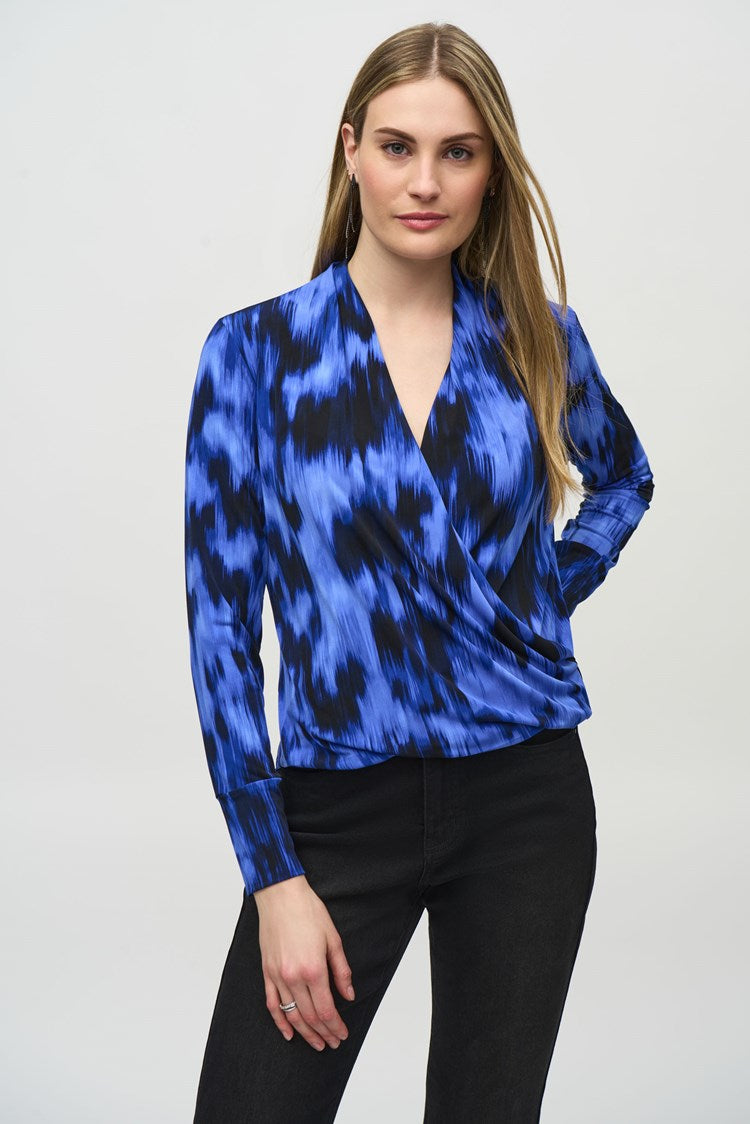 SILKY KNIT ABSTRACT PRINT WRAP TOP 244075