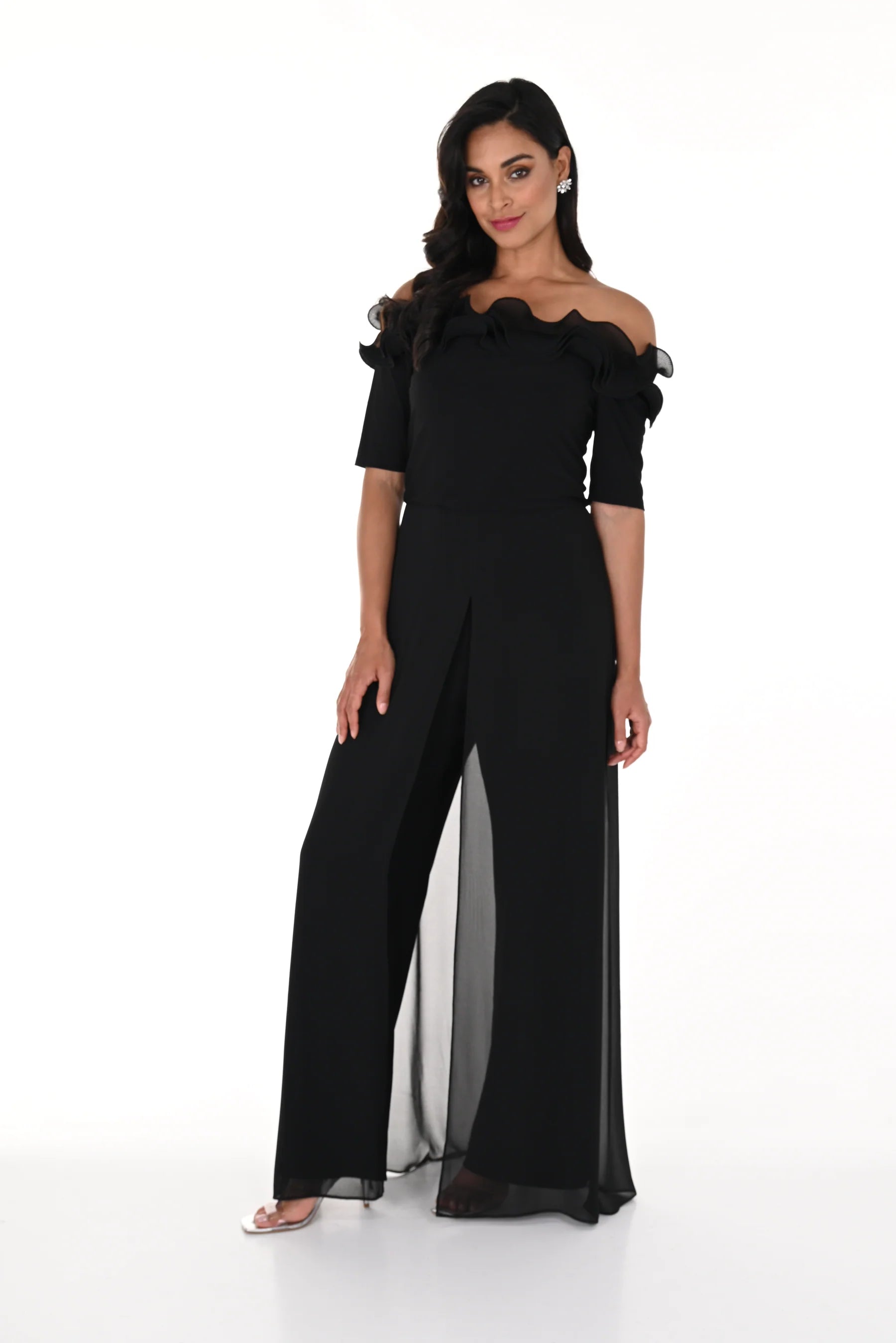 OFF THE SHOULDER KNIT JUMPSUIT WITH RUFFLE DETAIL 248222U BLACK