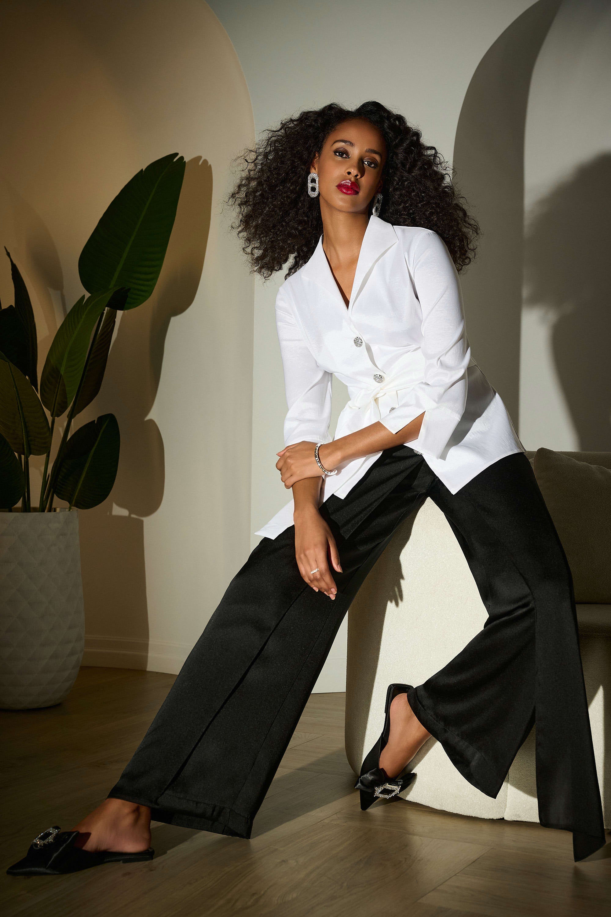SIGNATURE | SATIN WIDE LEG PANTS WITH FRONT OVERLAY 253788