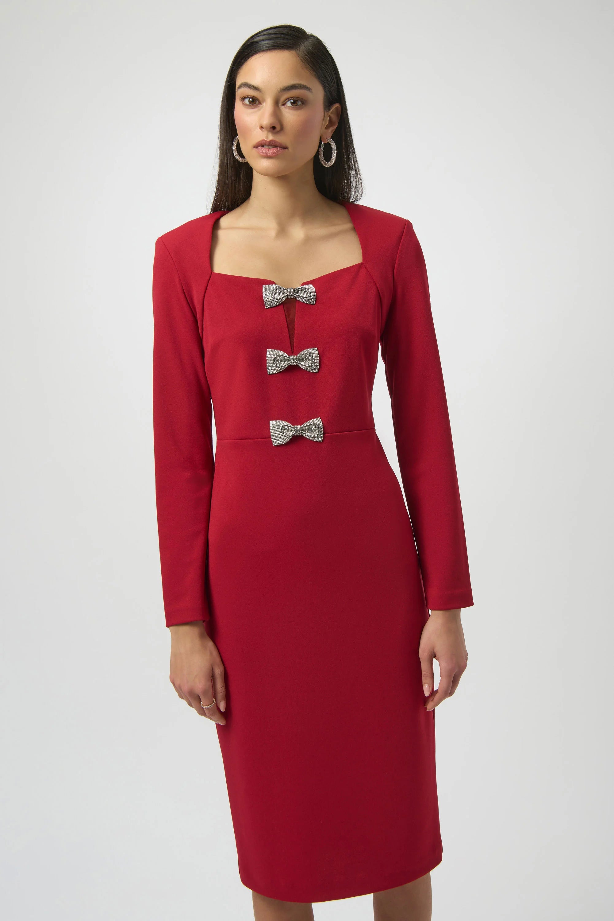 SCUBA CREPE SHEATH DRESS WITH RHINESTONE BOWS 254053