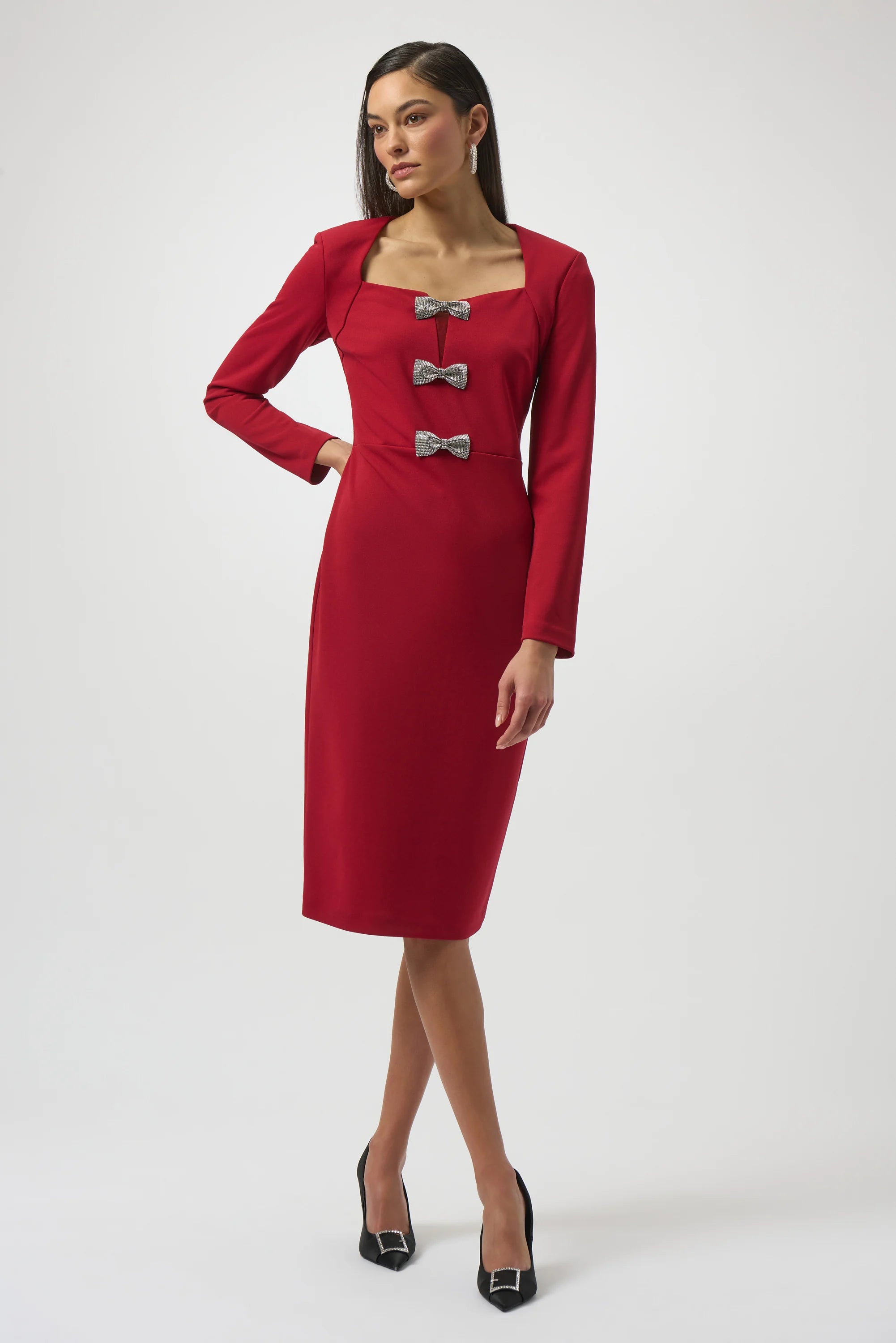 SCUBA CREPE SHEATH DRESS WITH RHINESTONE BOWS 254053