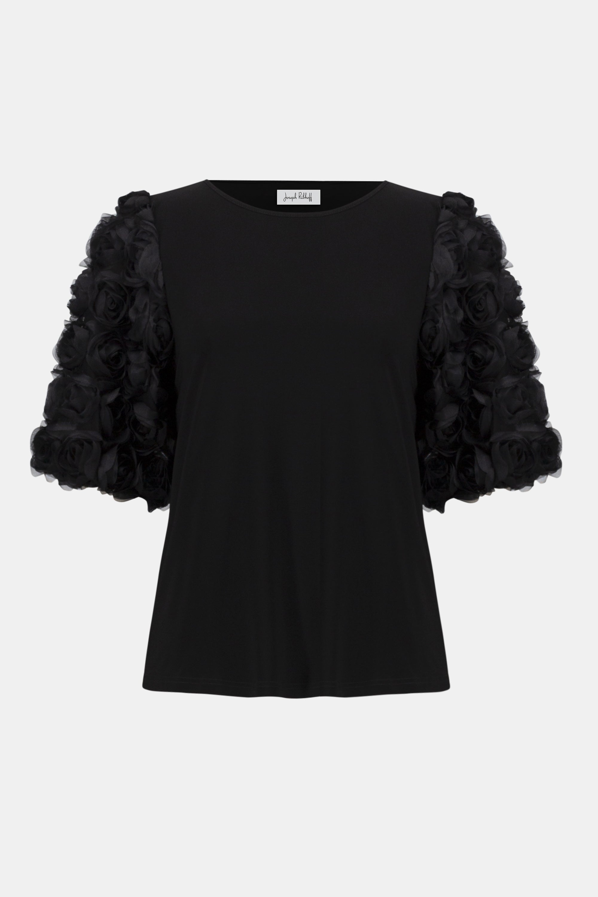SILKY KNIT TOP WITH ROSETTE EMBROIDERED SLEEVES 254064