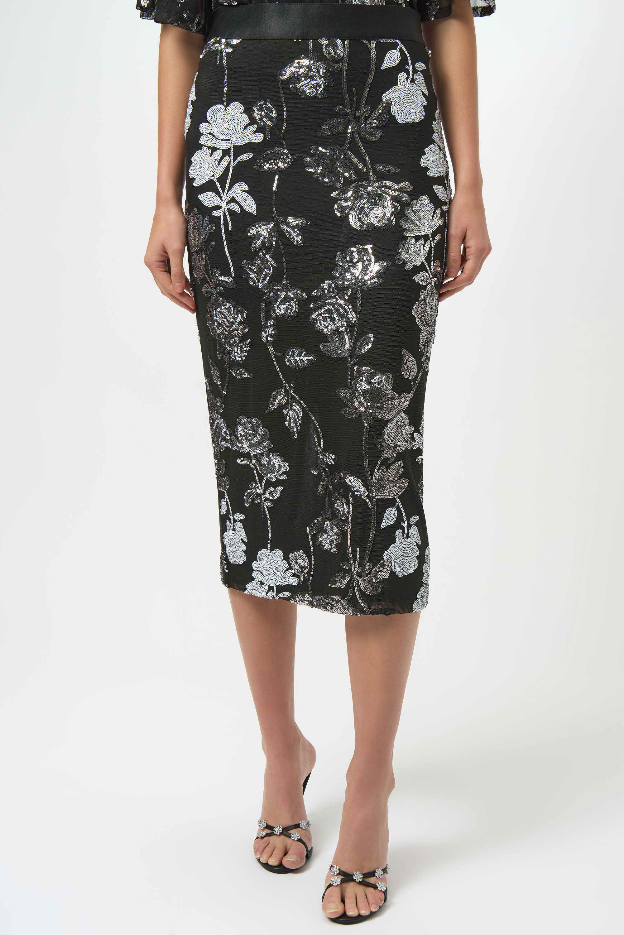 SEQUIN EMBROIDERED FLORAL PRINT PENCIL SKIRT 254182