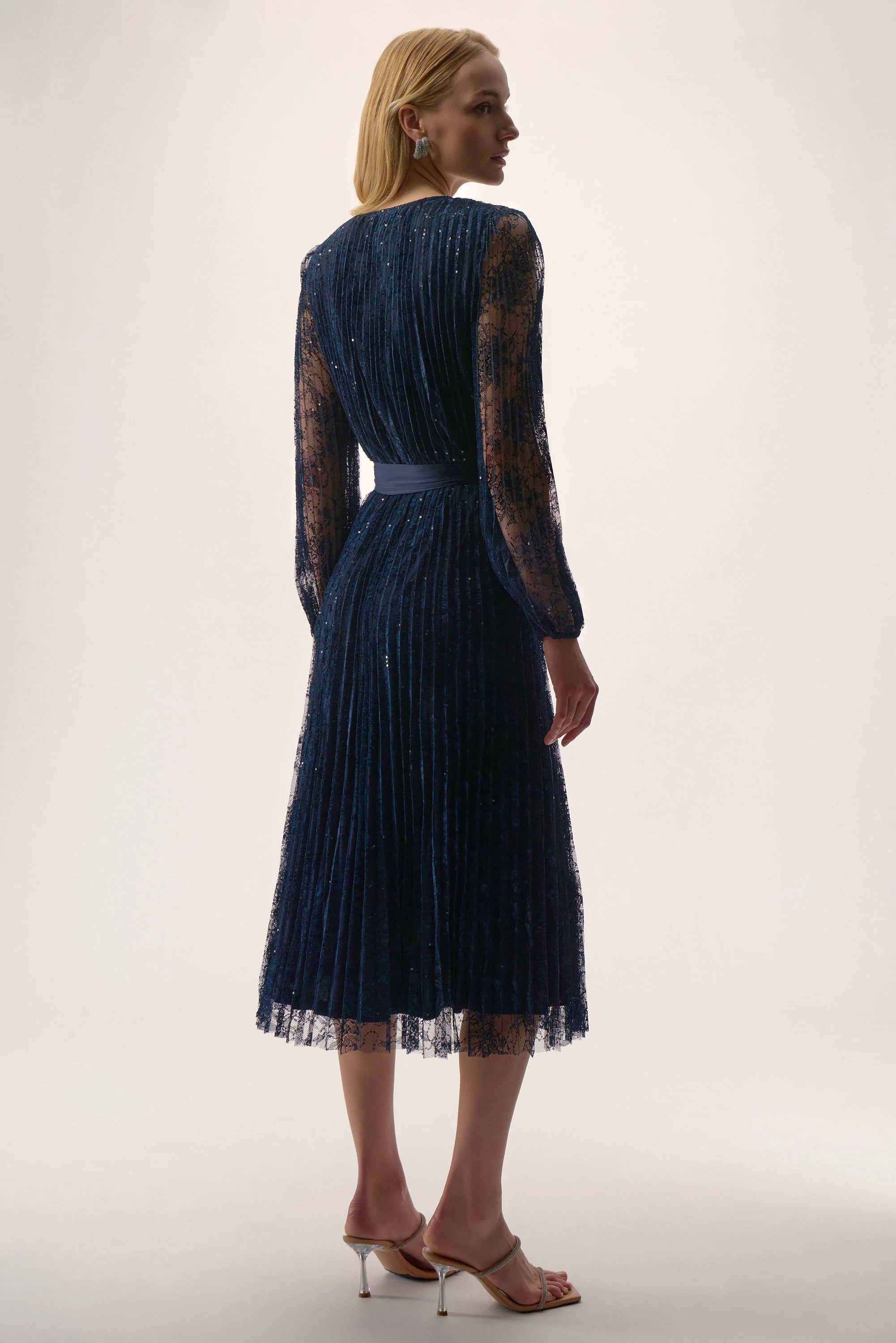 SIGNATURE | SEQUINE PLEATED LACE FIT AND FLARE DRESS 254721