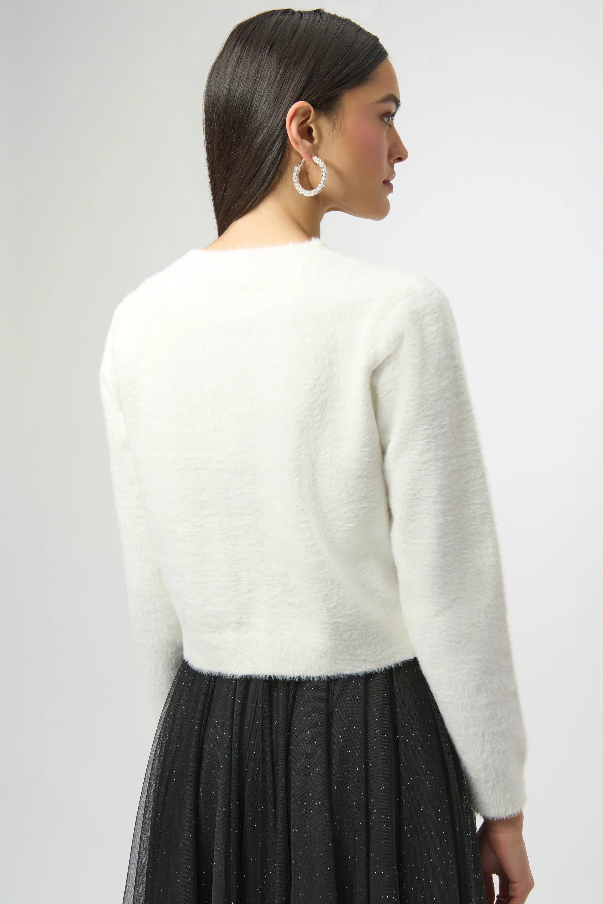 FEATHER YARN CARDIGAN WITH RHINESTONE BOW 254955