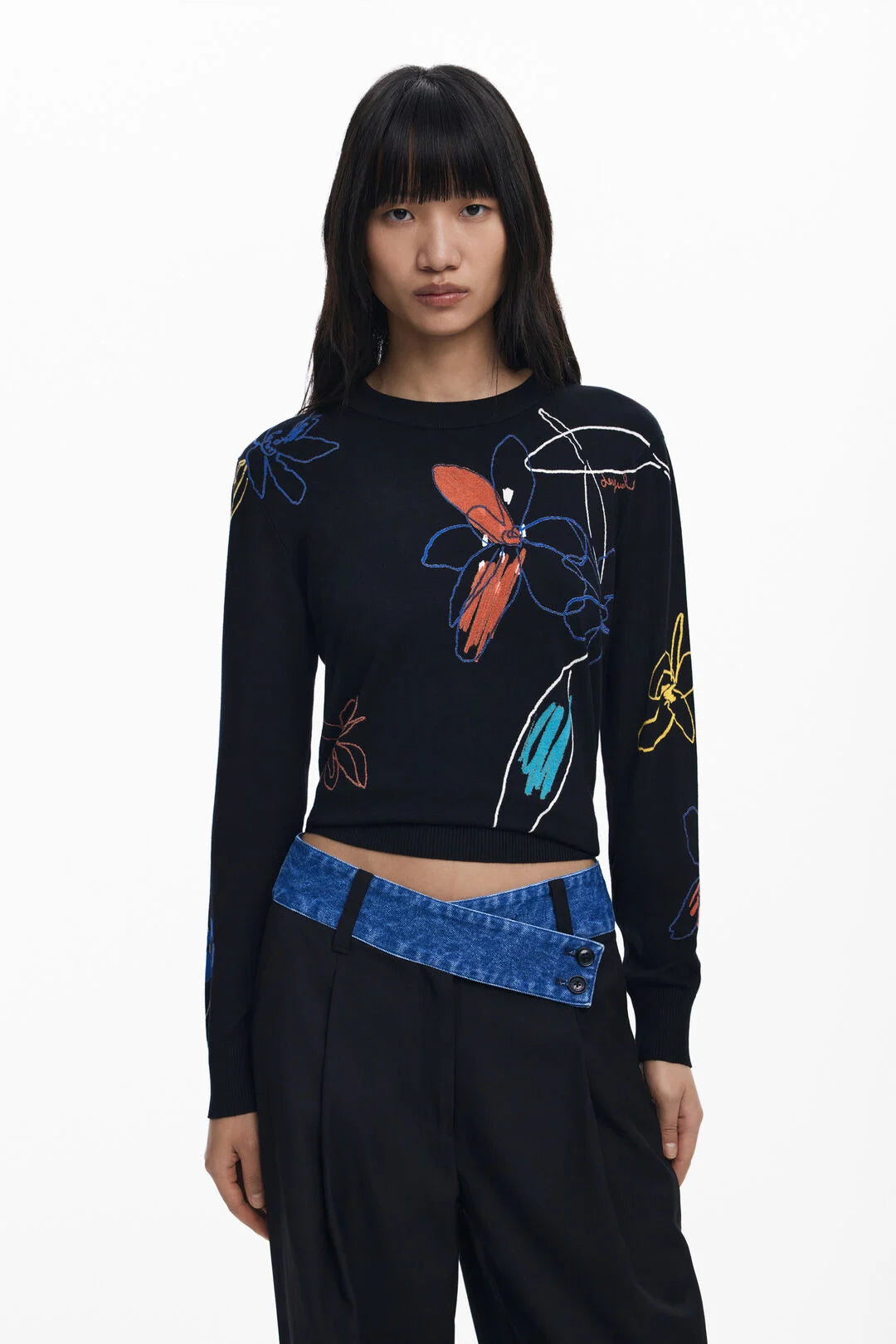 DESIGUAL FINE SWEATER WITH FLORAL STOKES