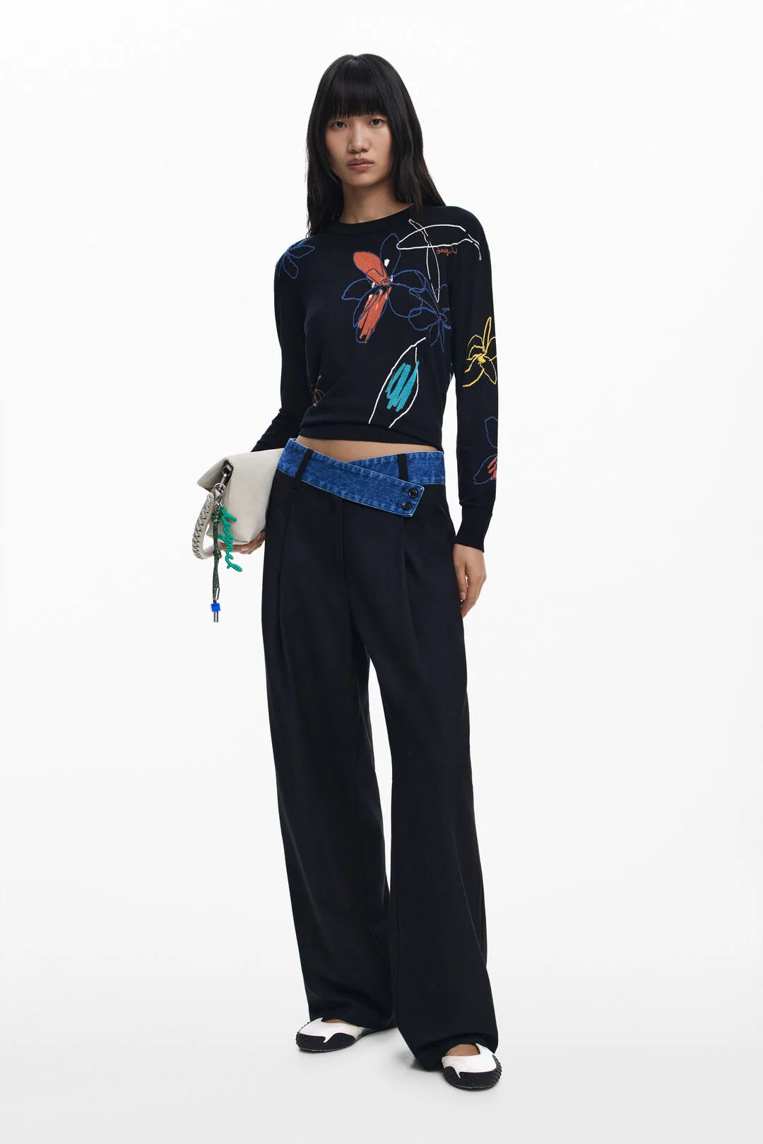 DESIGUAL FINE SWEATER WITH FLORAL STOKES