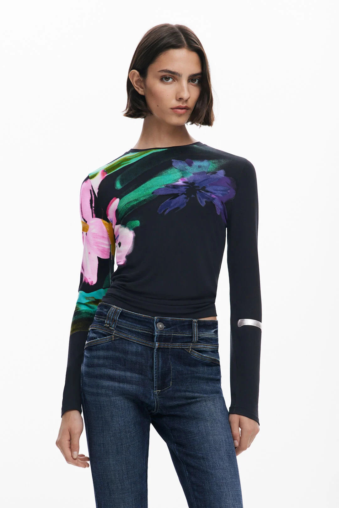 DESIGUAL LONG SLEEVE FLORAL T-SHIRT