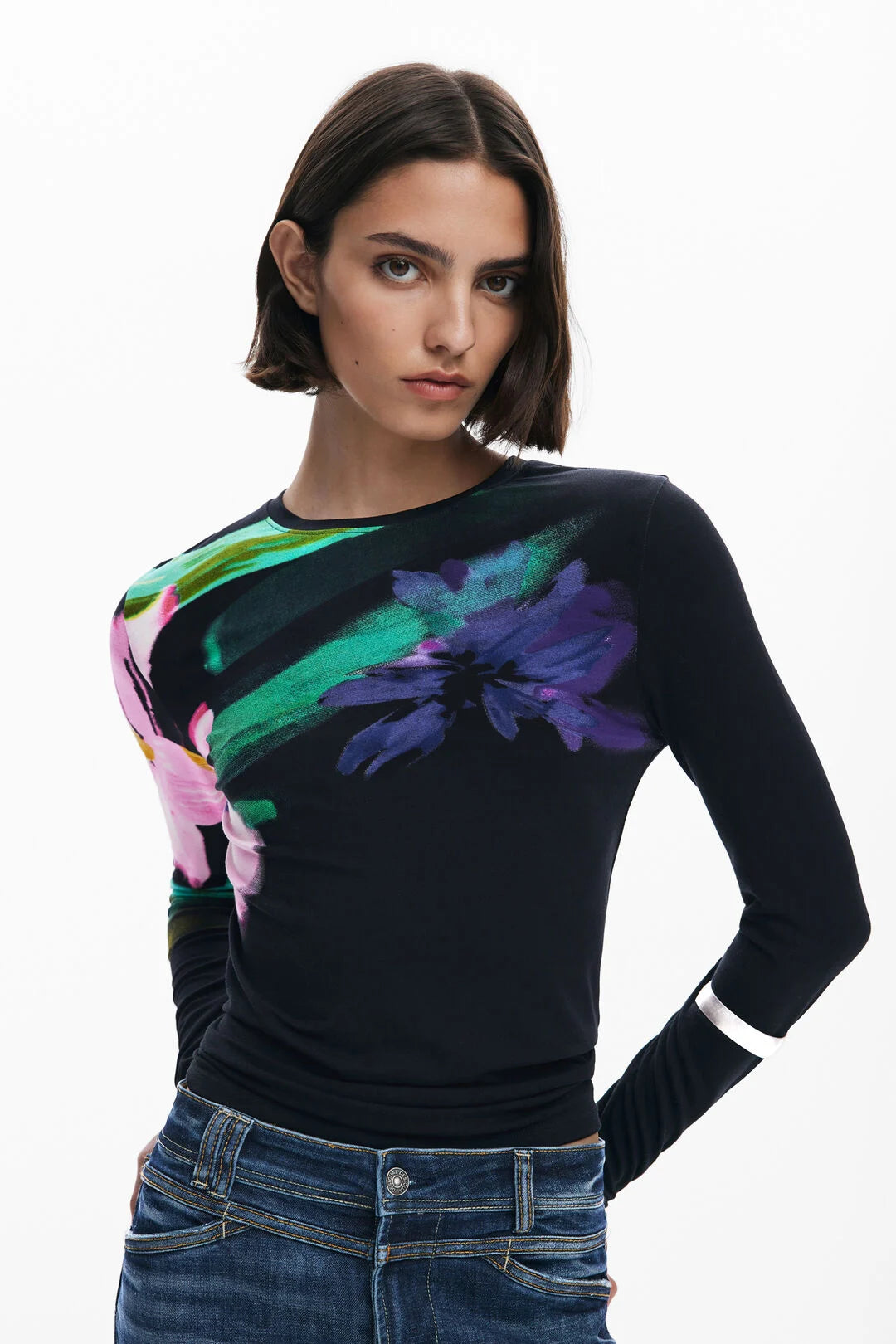 DESIGUAL LONG SLEEVE FLORAL T-SHIRT