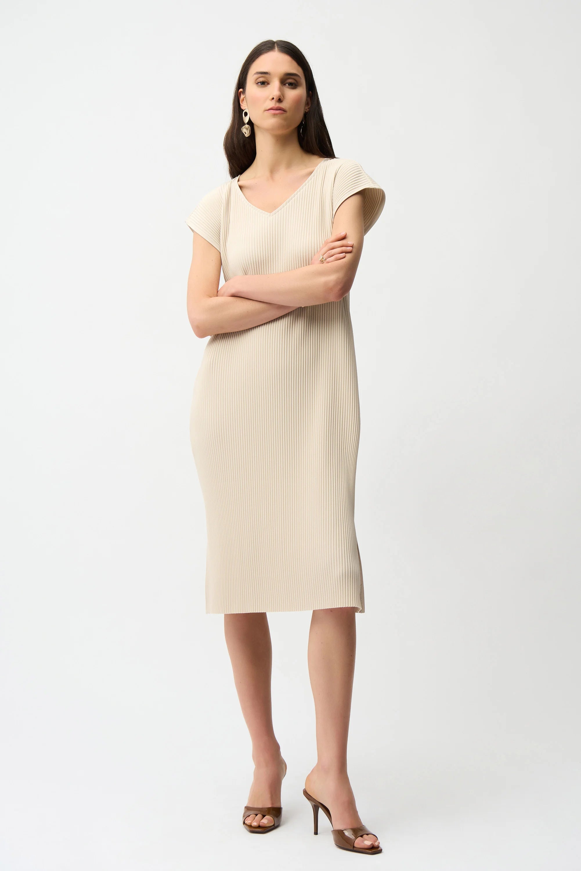 PLEATED SCUBA CREPE STRAIGHT DRESS WITH POCKETS 261252