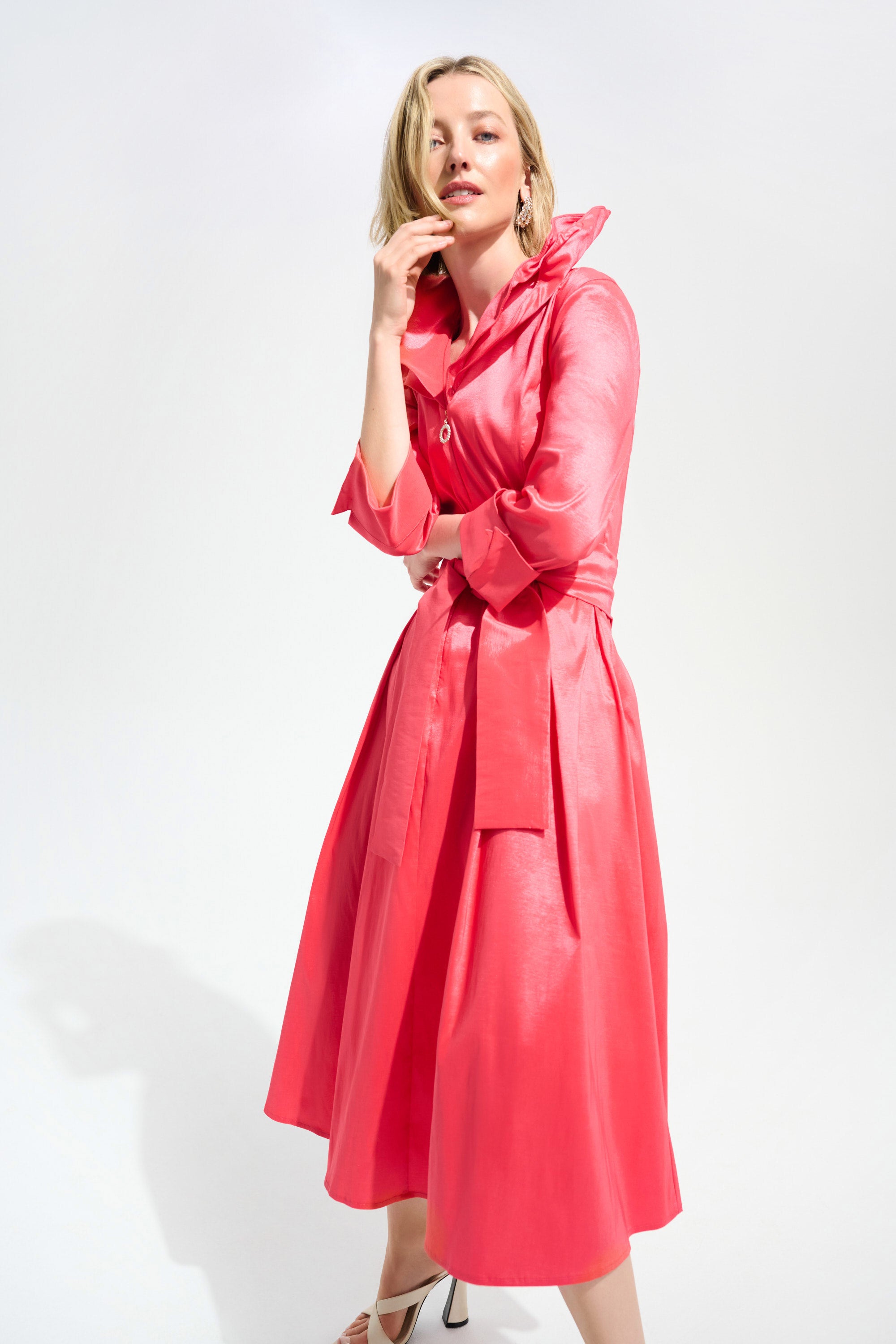 SIGNATURE | STRETCH TAFFETA FIT AND FLARE DRES WITH LAPEL COLLAR 261719