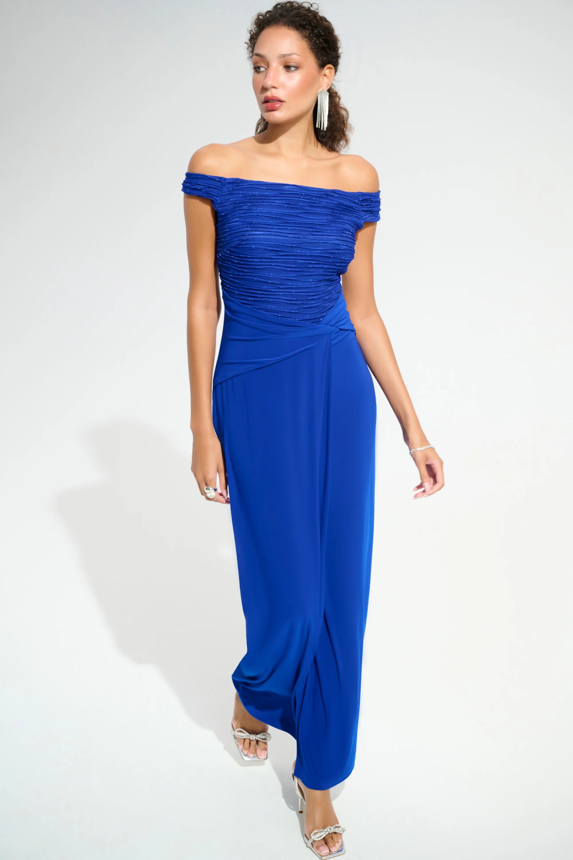 SIGNATURE | SILKY KNIT AND CASCADE OFF-SHOULDER SHEATH GOWN 261733