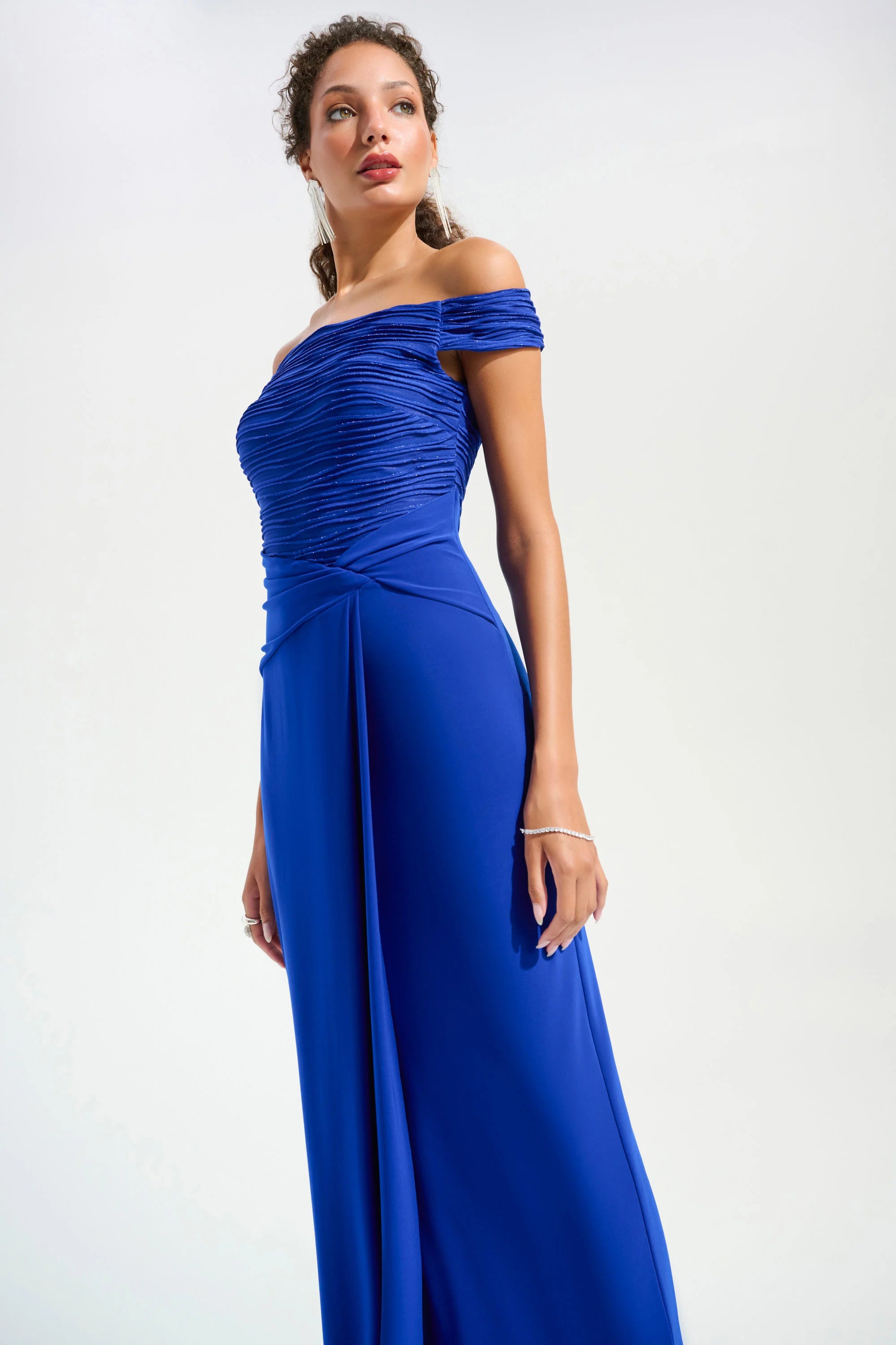 SIGNATURE | SILKY KNIT AND CASCADE OFF-SHOULDER SHEATH GOWN 261733