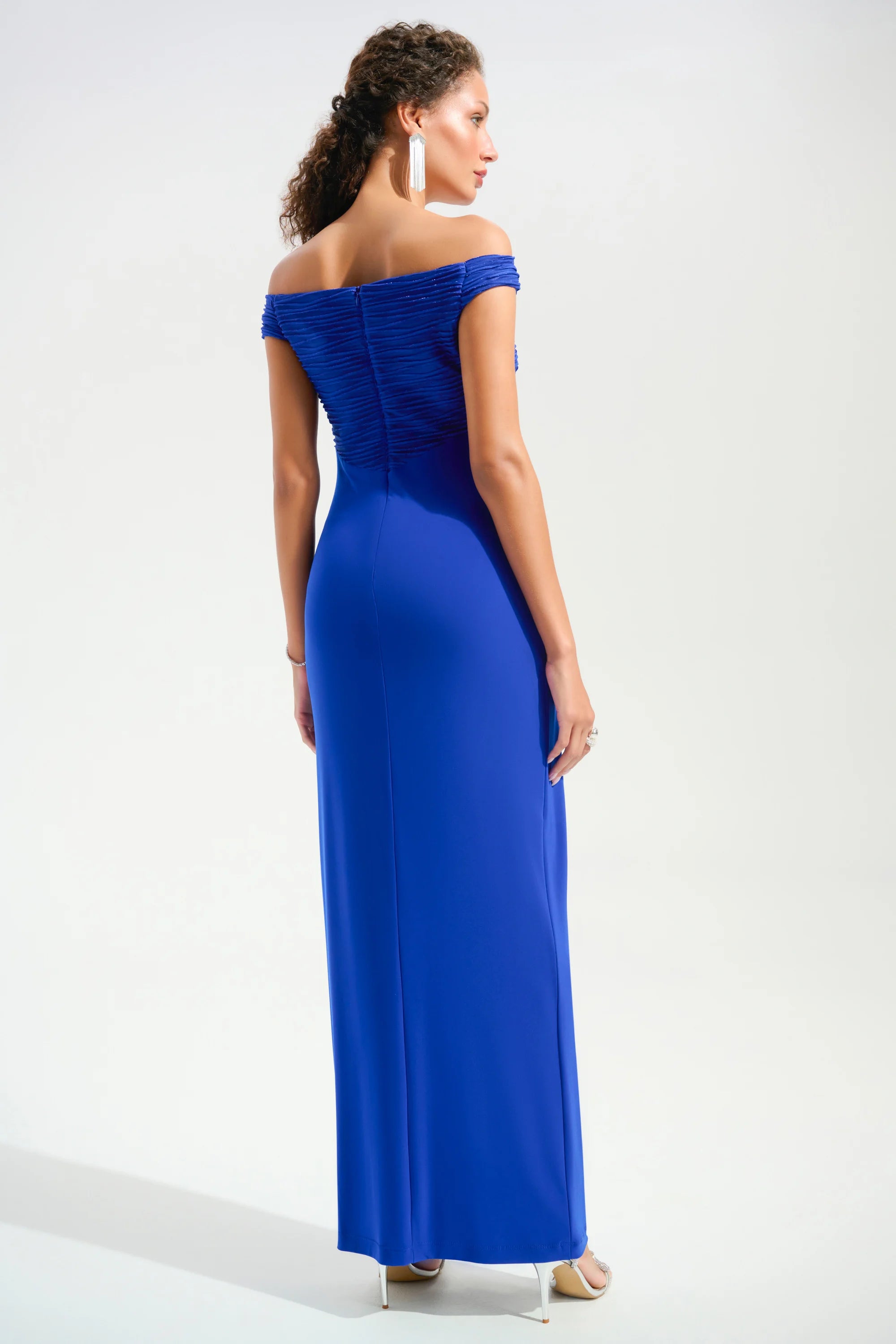 SIGNATURE | SILKY KNIT AND CASCADE OFF-SHOULDER SHEATH GOWN 261733