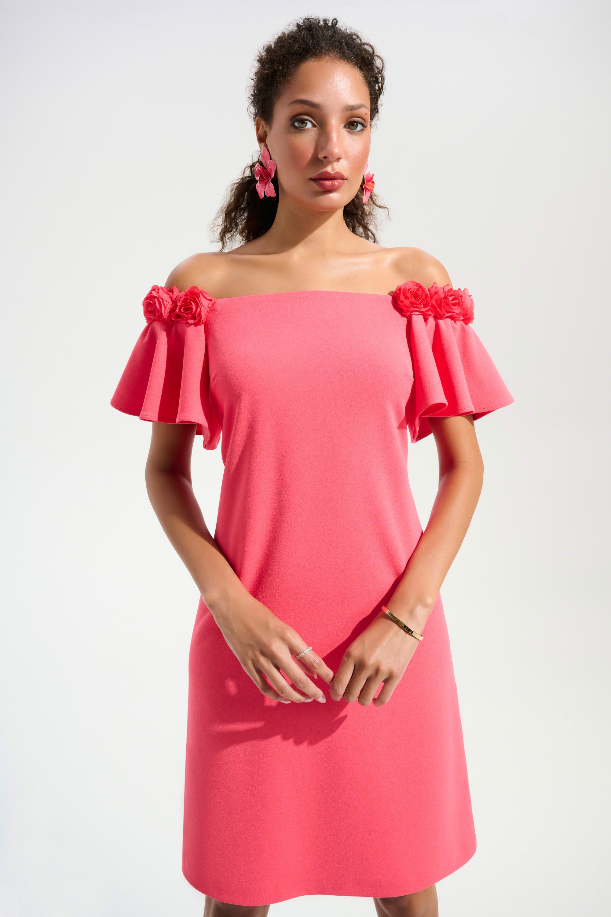SIGNATURE | SCUBA CREPE OFF-SHOULDER SHIFT DRESS WITH 3D FLOWER TRIM