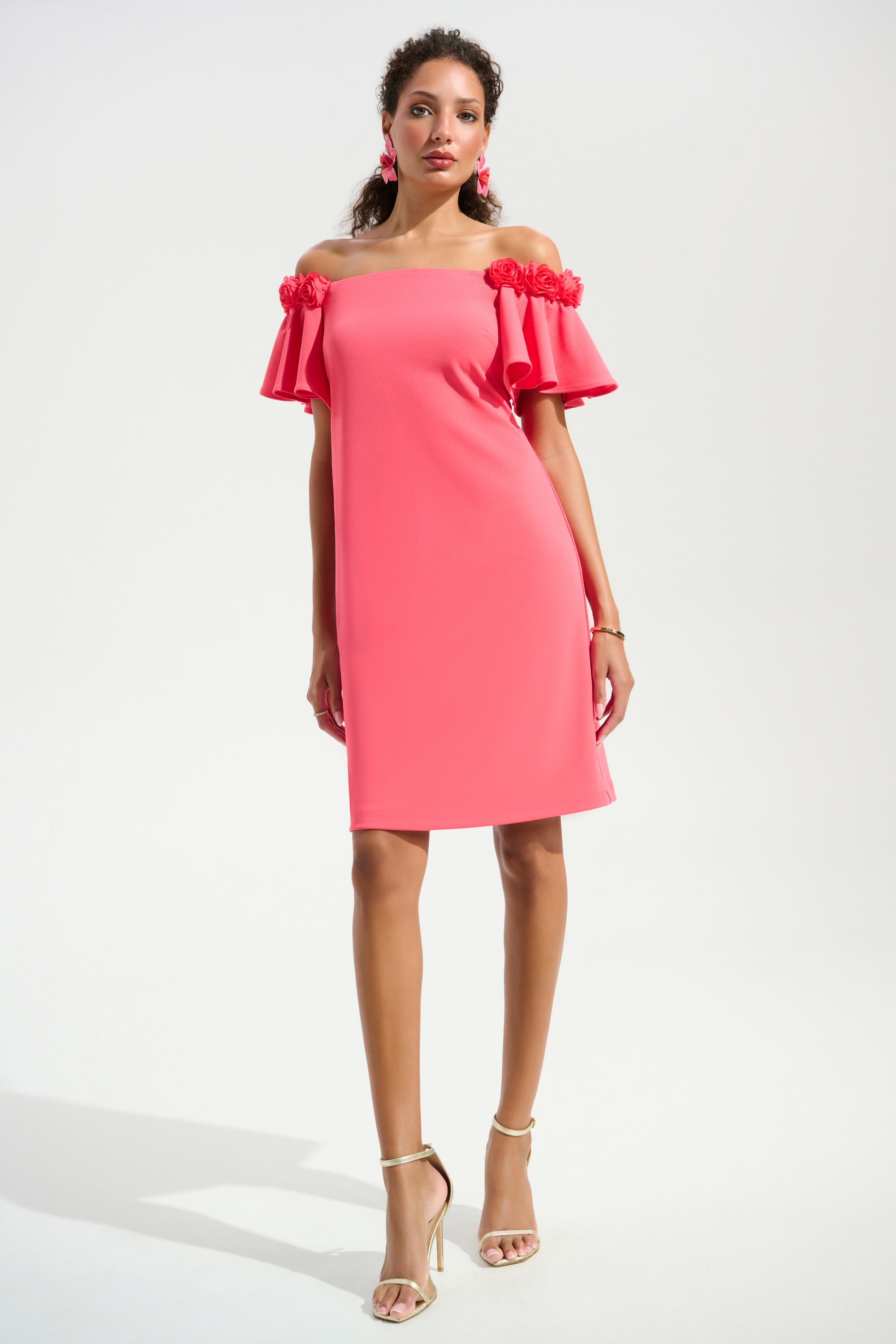 SIGNATURE | SCUBA CREPE OFF-SHOULDER SHIFT DRESS WITH 3D FLOWER TRIM