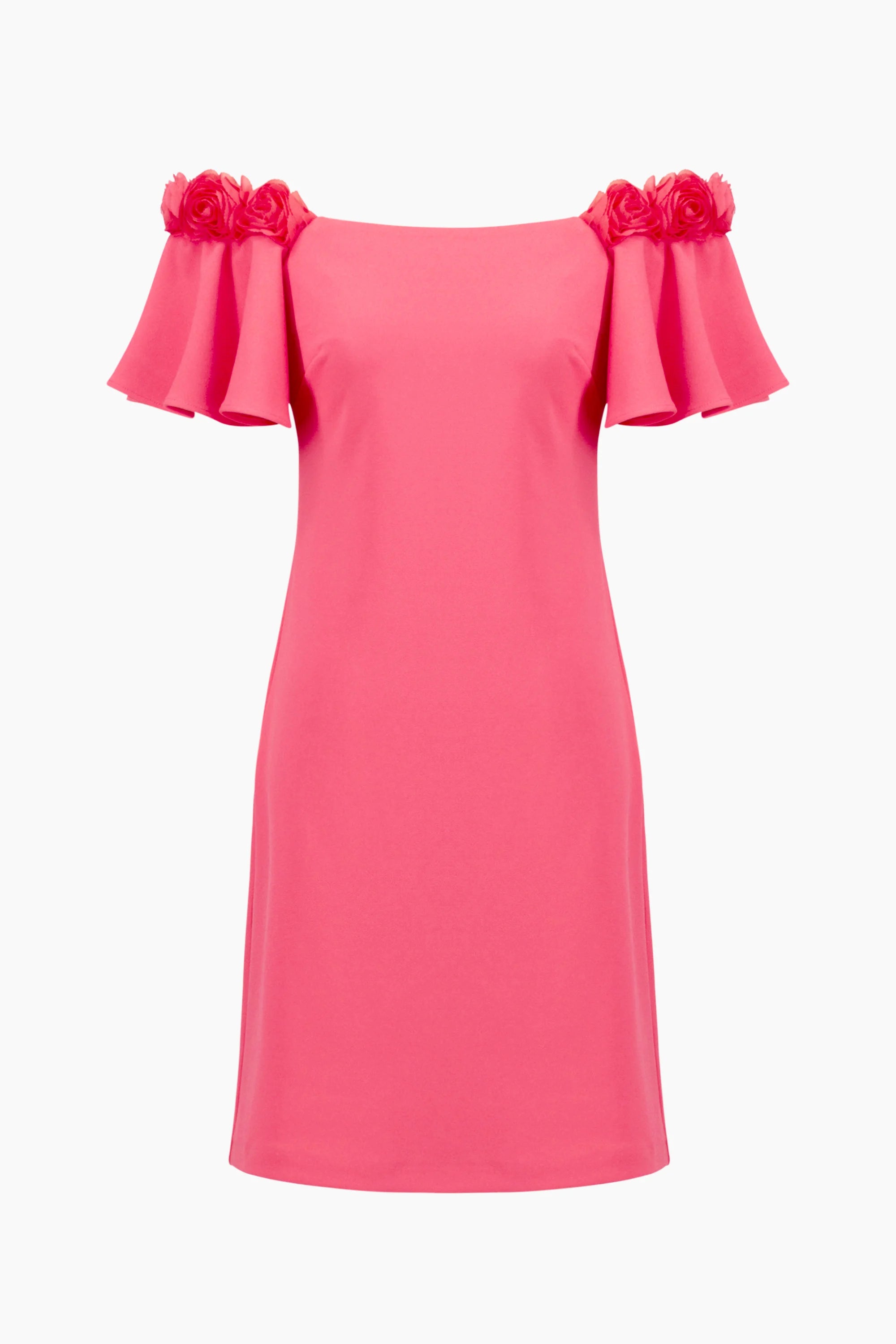 SIGNATURE | SCUBA CREPE OFF-SHOULDER SHIFT DRESS WITH 3D FLOWER TRIM
