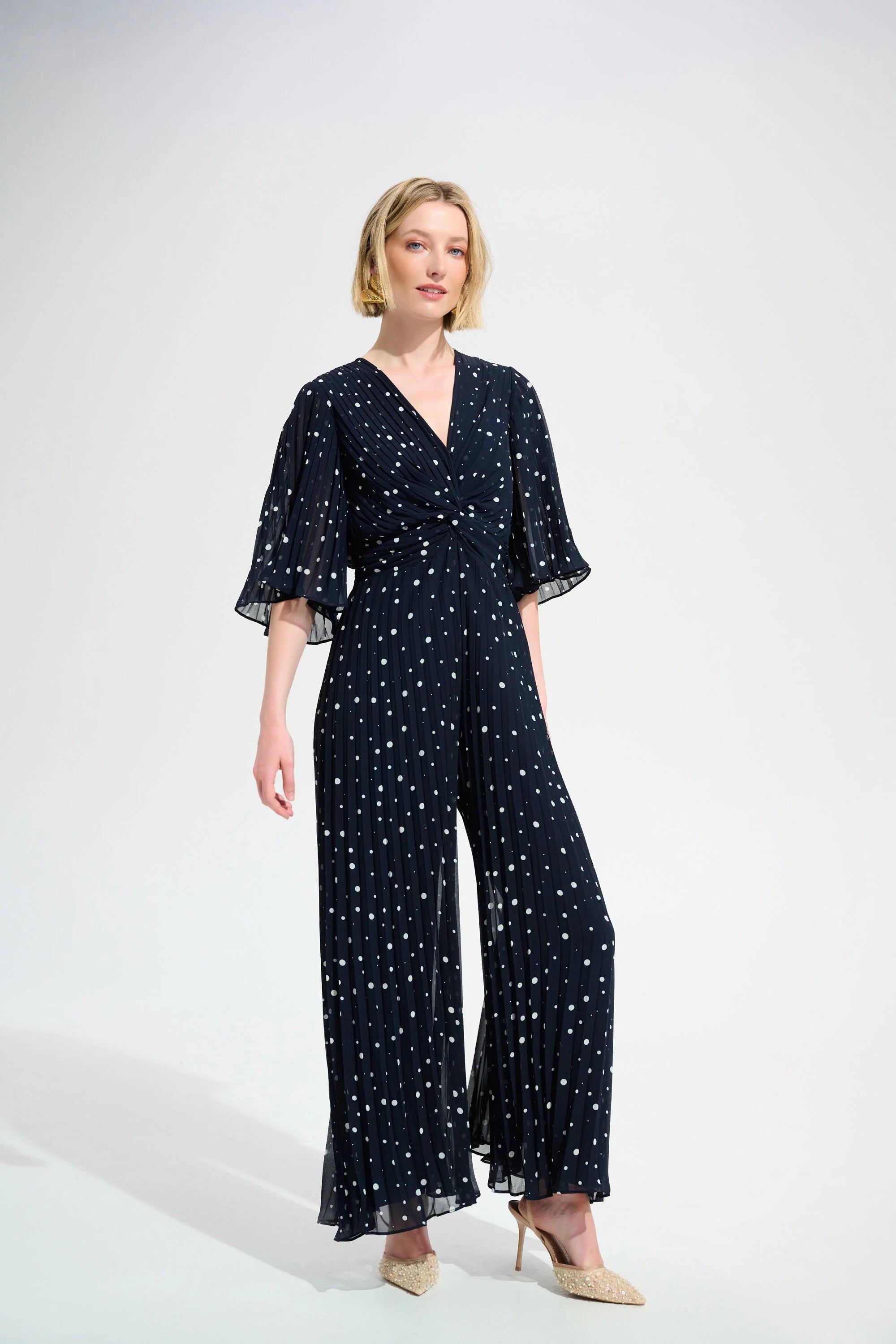 SIGNATURE | PLEATED CHIFFON POLKA DOT PRINT WIDE LEG JUMPSUIT WITH KNOT DETAIL 261756