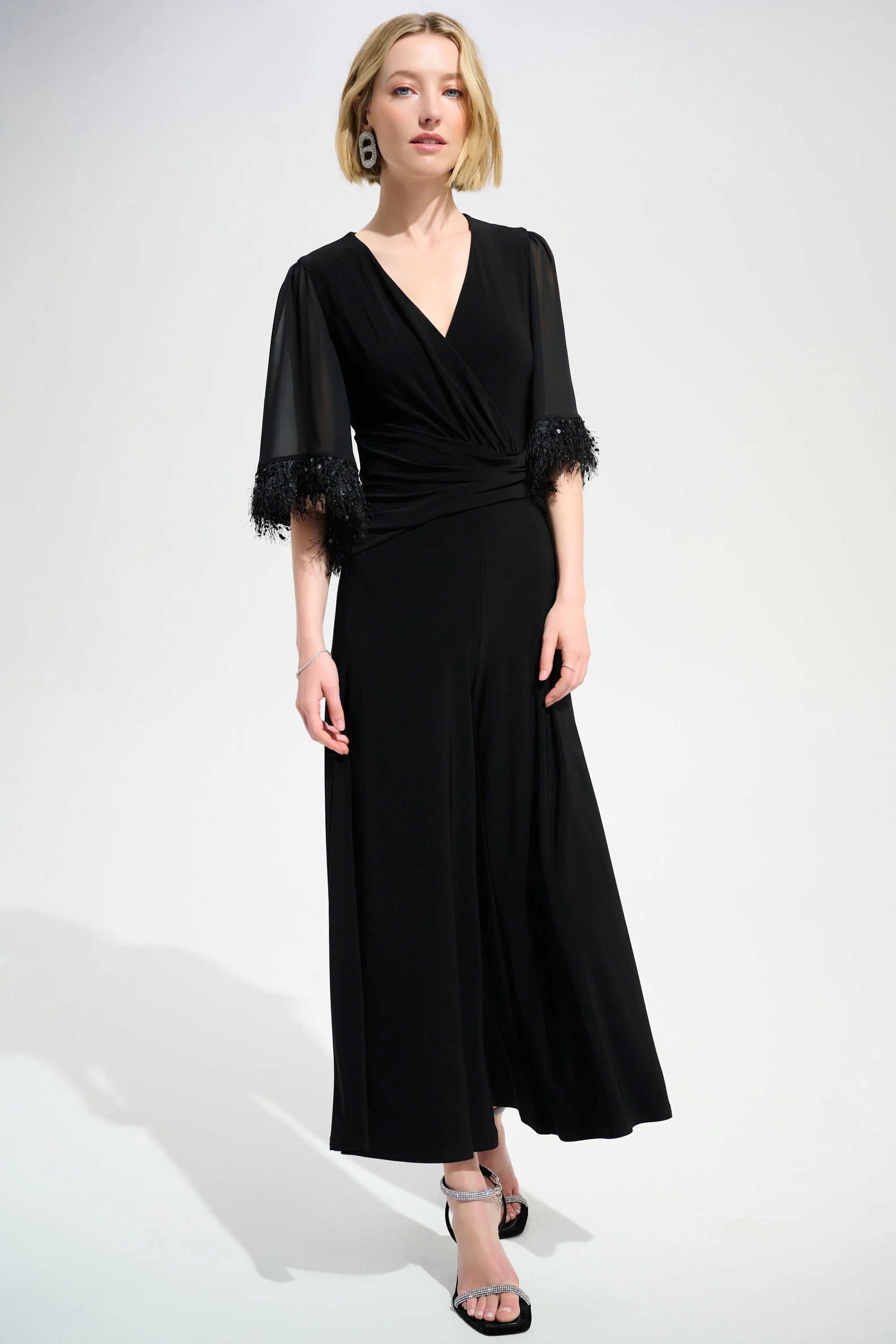 SIGNATURE | SILKY KNIT WHIDE LEG JUMPSUIT WITH CHIFFON SLEEVE 261761