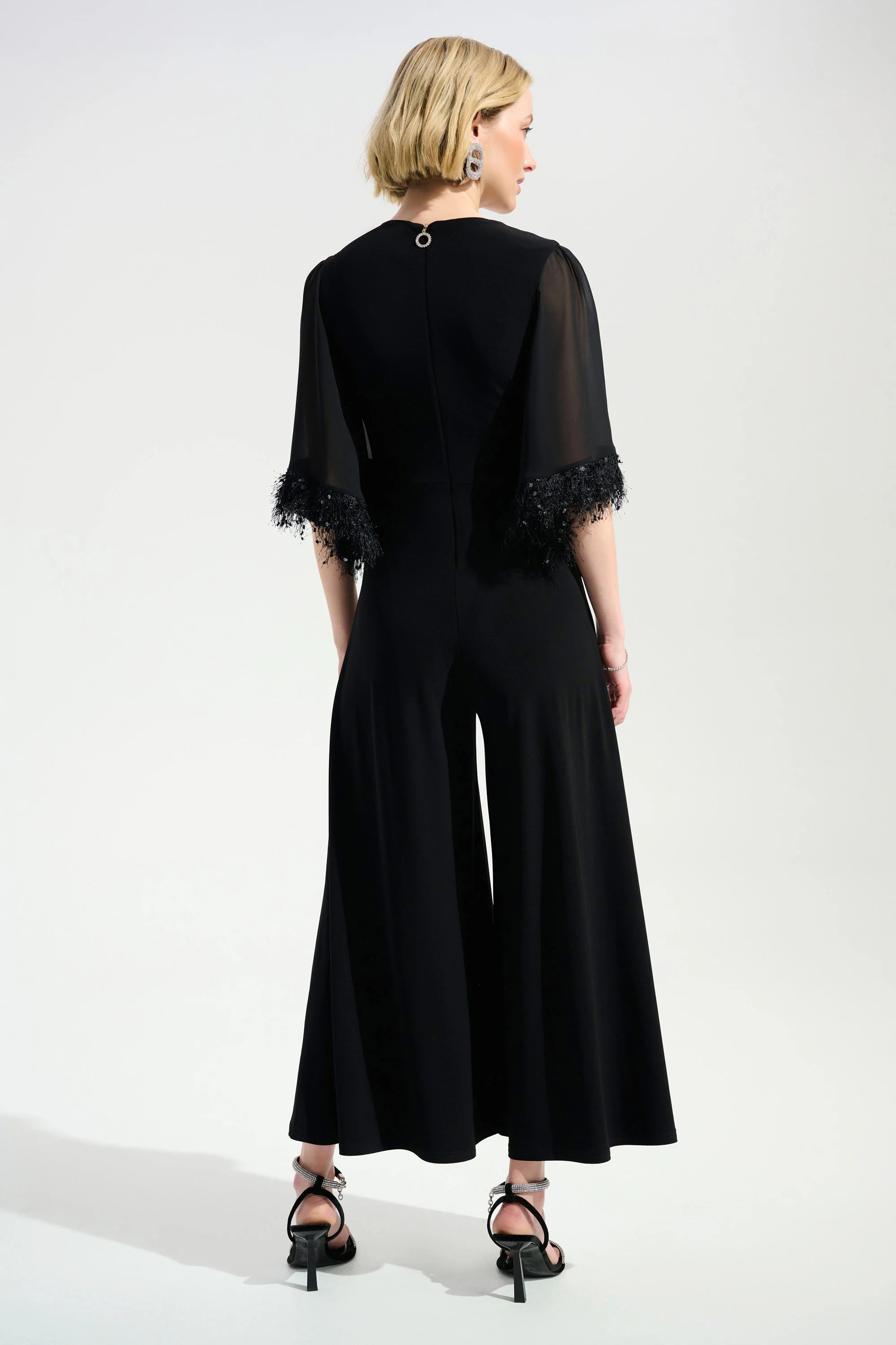 SIGNATURE | SILKY KNIT WHIDE LEG JUMPSUIT WITH CHIFFON SLEEVE 261761
