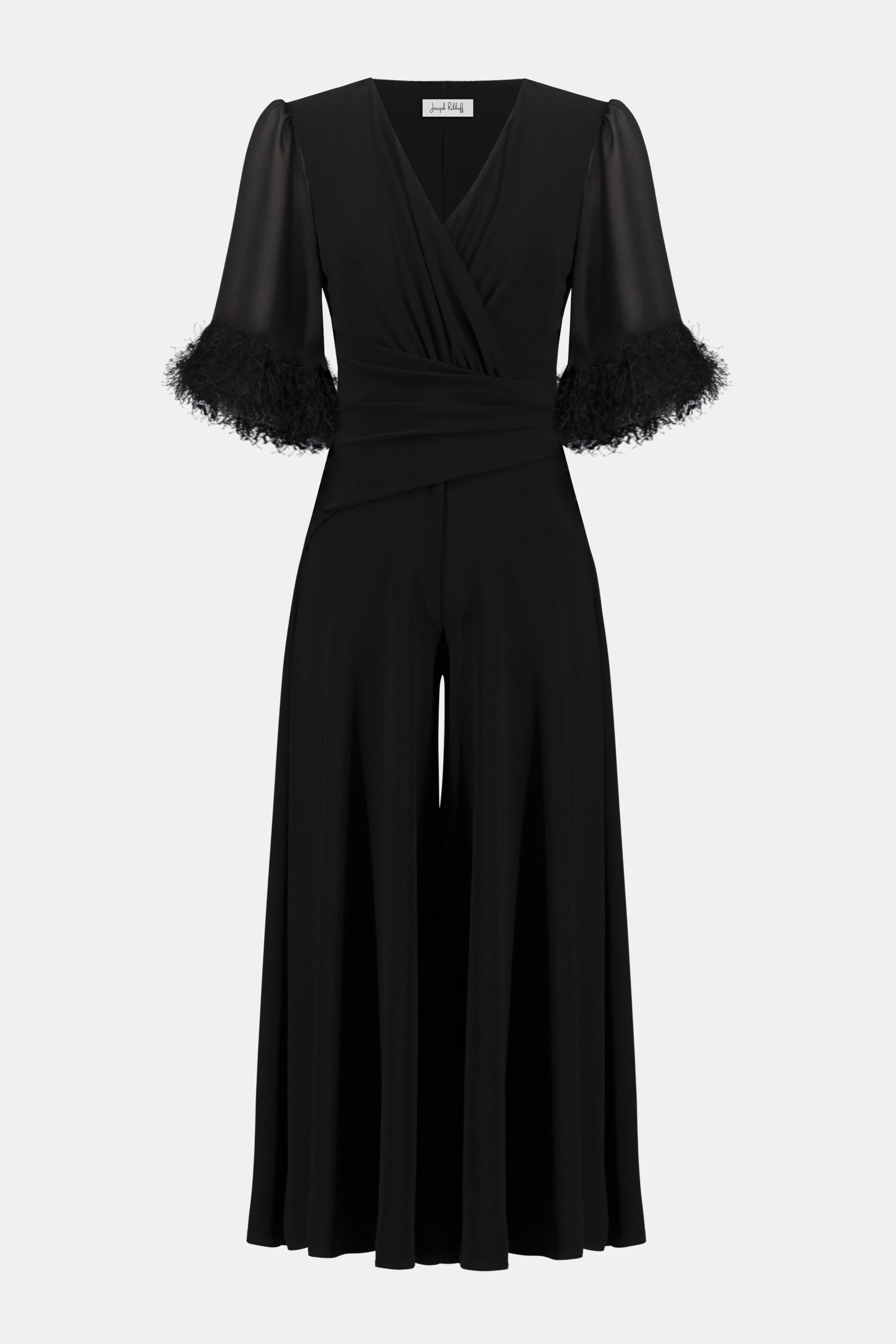SIGNATURE | SILKY KNIT WHIDE LEG JUMPSUIT WITH CHIFFON SLEEVE 261761