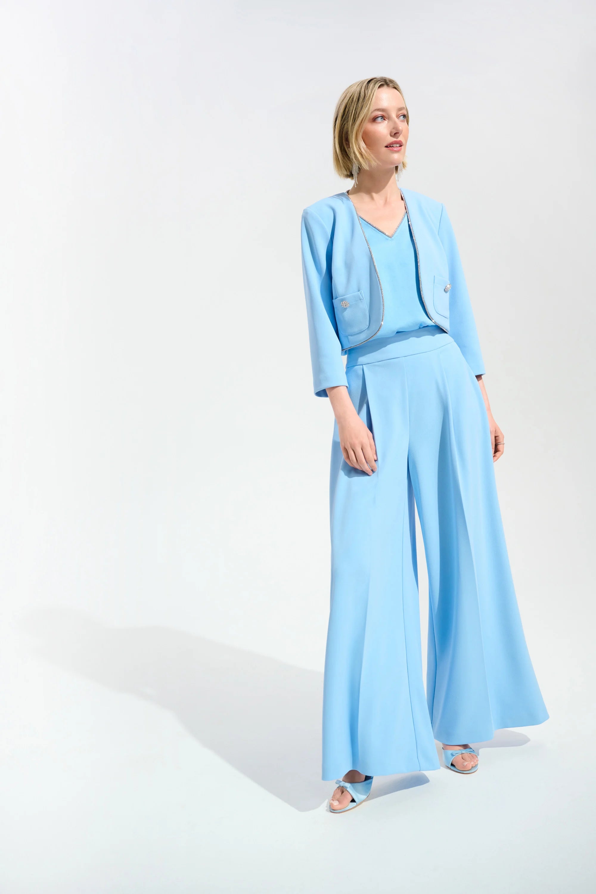 SCUBA 2 PCS SET CREPE JACKET WITH  RHINESTONE TRIM & SCUBA WIDE LEG PANT