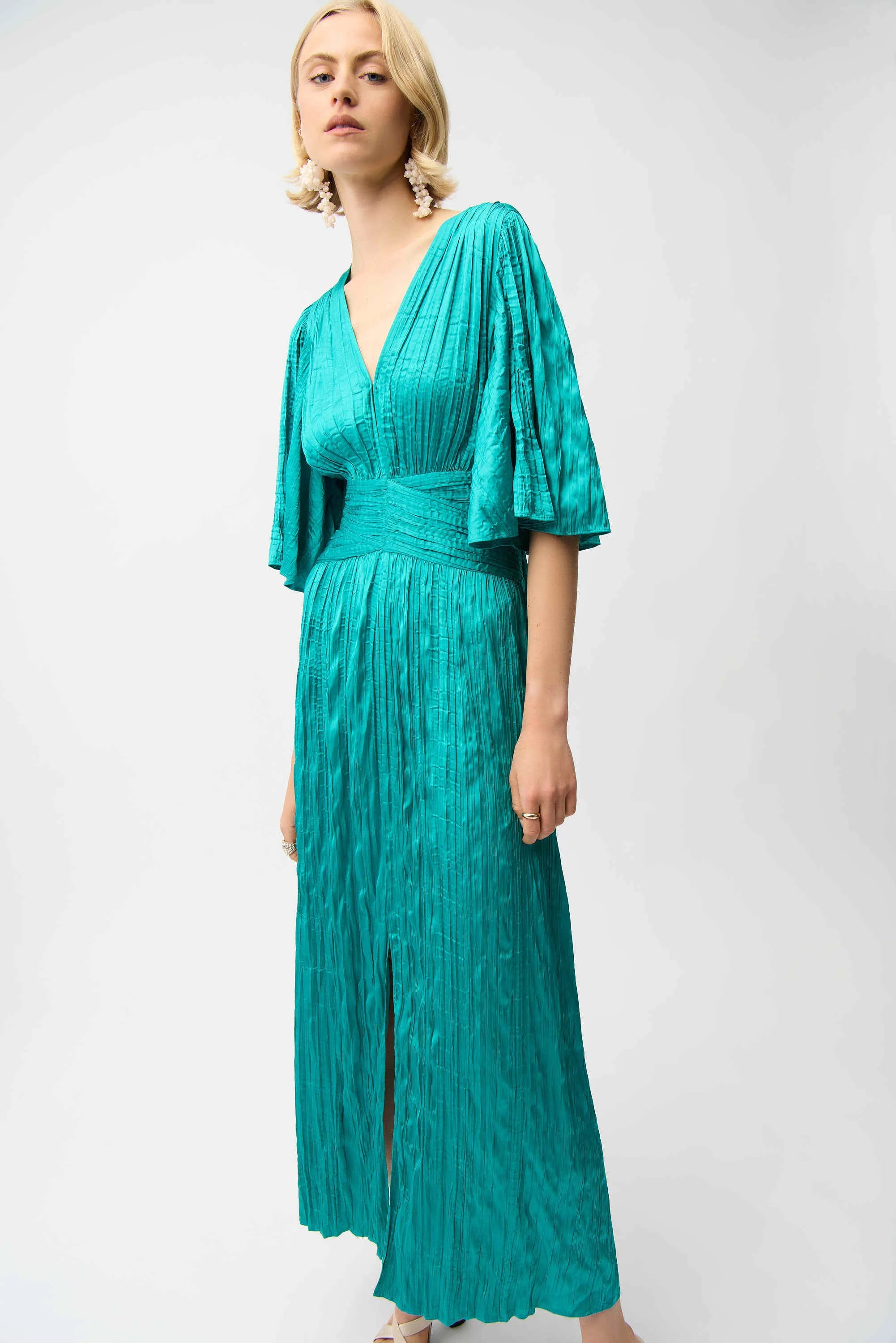 SATIN FIT & FLARE PLEATED DRESS WITH KNOT WAIST DETAIL 261962