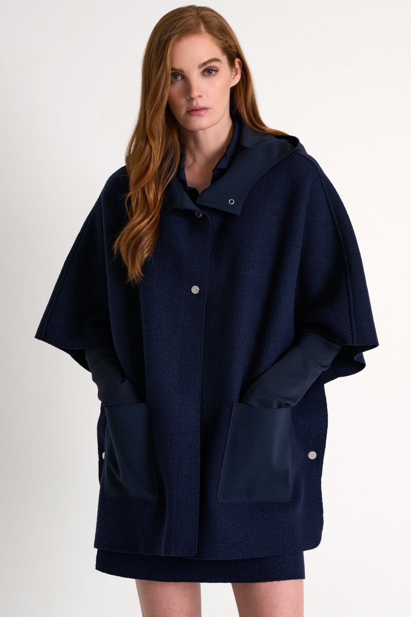 SHAN NAVY WOOL HOODED CAPE