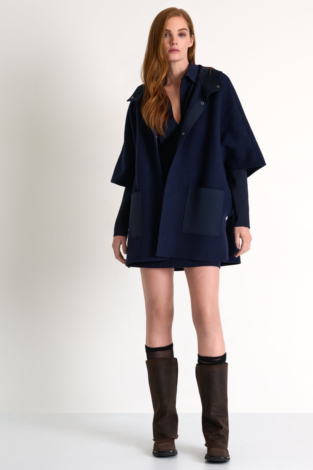 SHAN NAVY WOOL HOODED CAPE