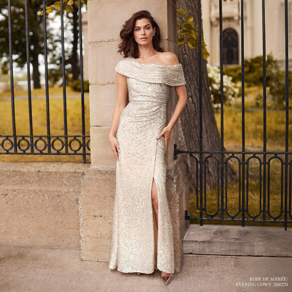 CHAMPAGNE OFF THE SHOULDER CHAMPAGNE GOWN 268270