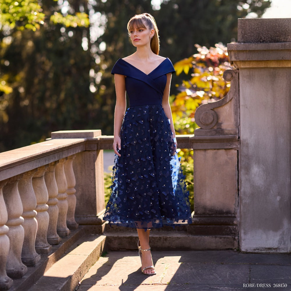 OFF THE SHOULDER MIDI DRESS WITH FLORAL CHIFFON BOTTOM 268510