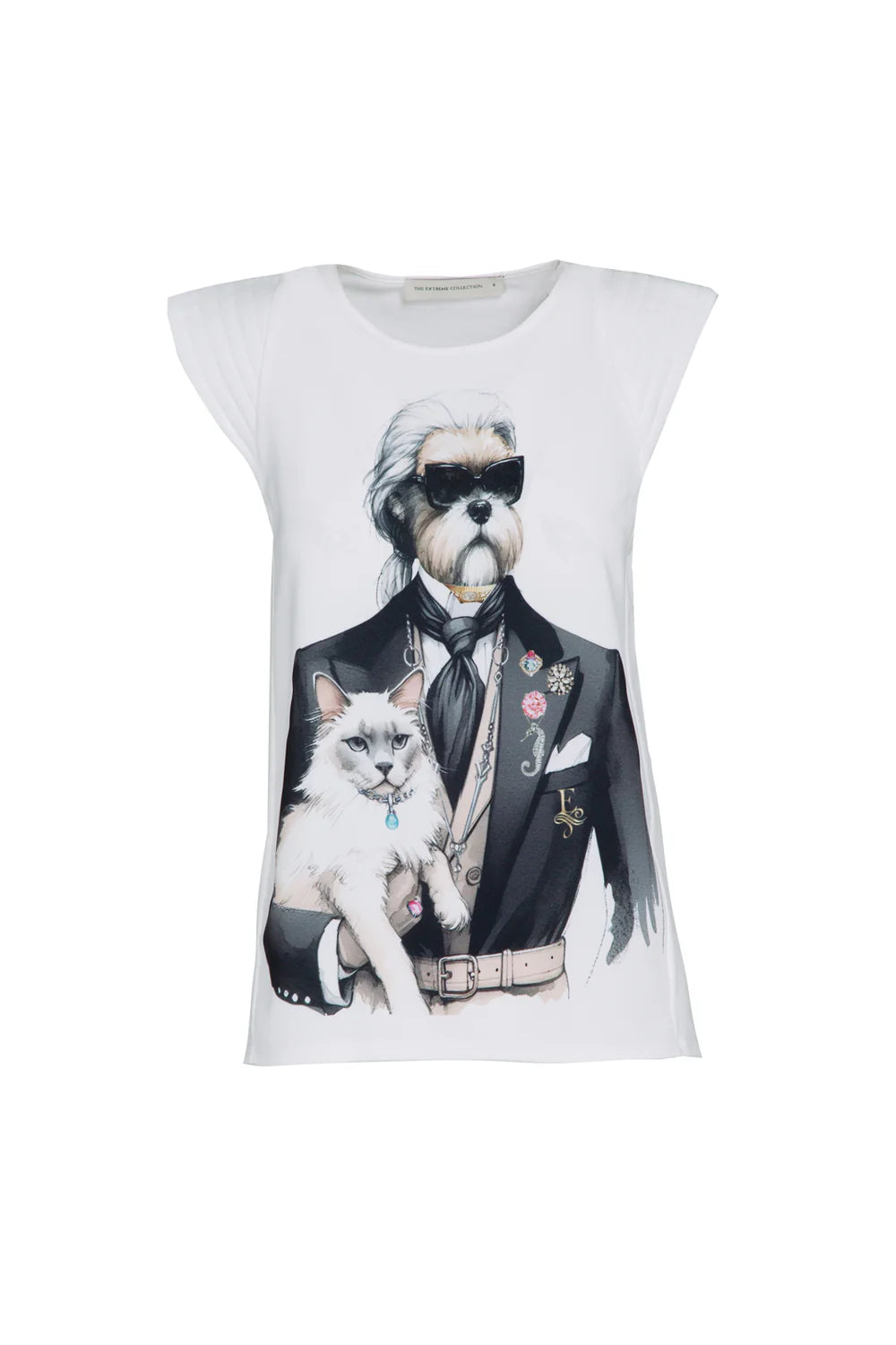 SWEET CAT CARL LAGERFELD WHITE SHOULDER-PAD T-SHIRT