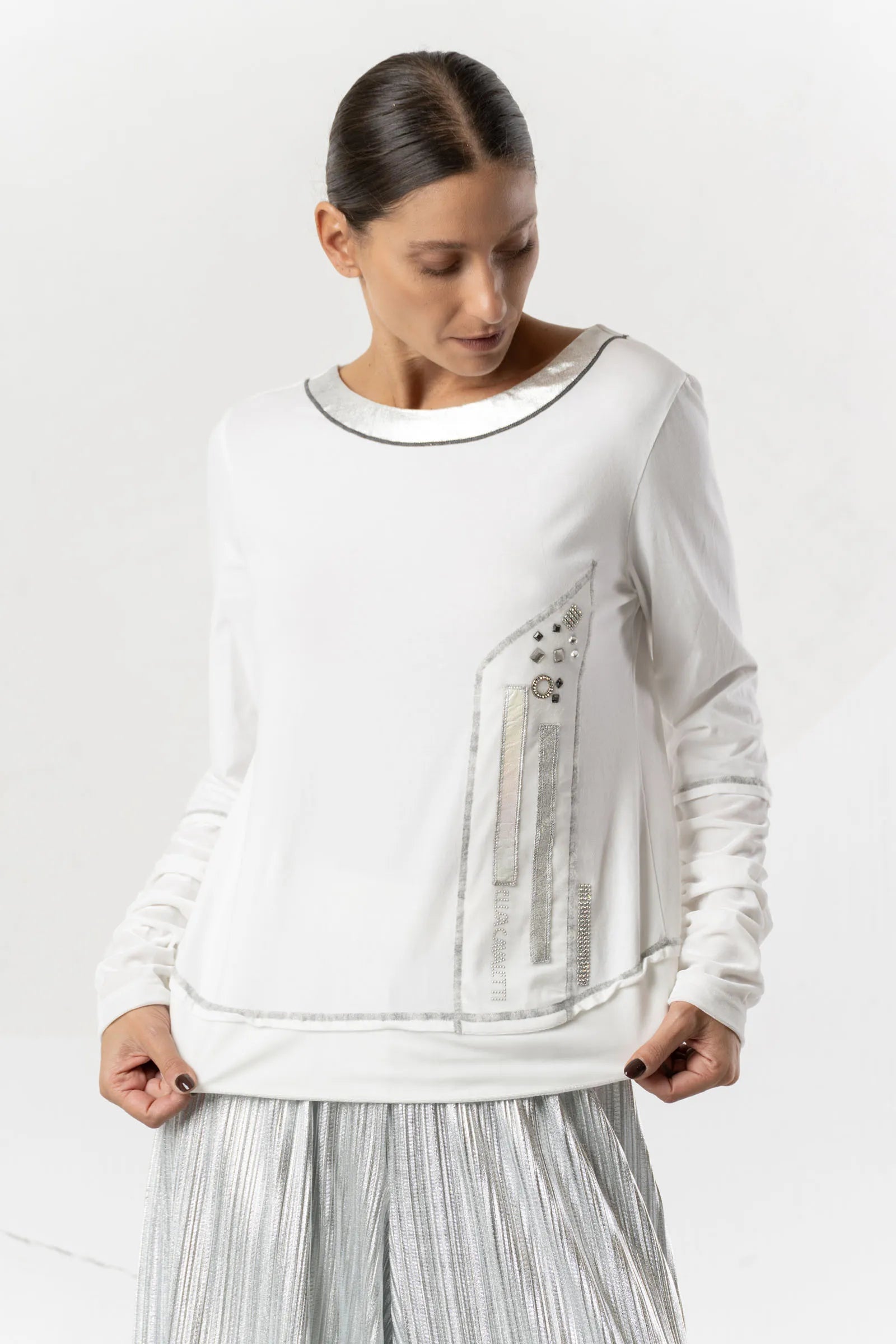 ELISA CAVALETTI WHITE COTTON AND CHENILLE T-SHIRT