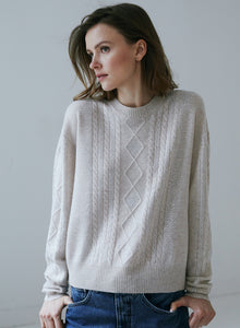 AUTUMN CASHMERE HAND JEWELLED CABLE CREW AVAILABLE IN PETAL PINK