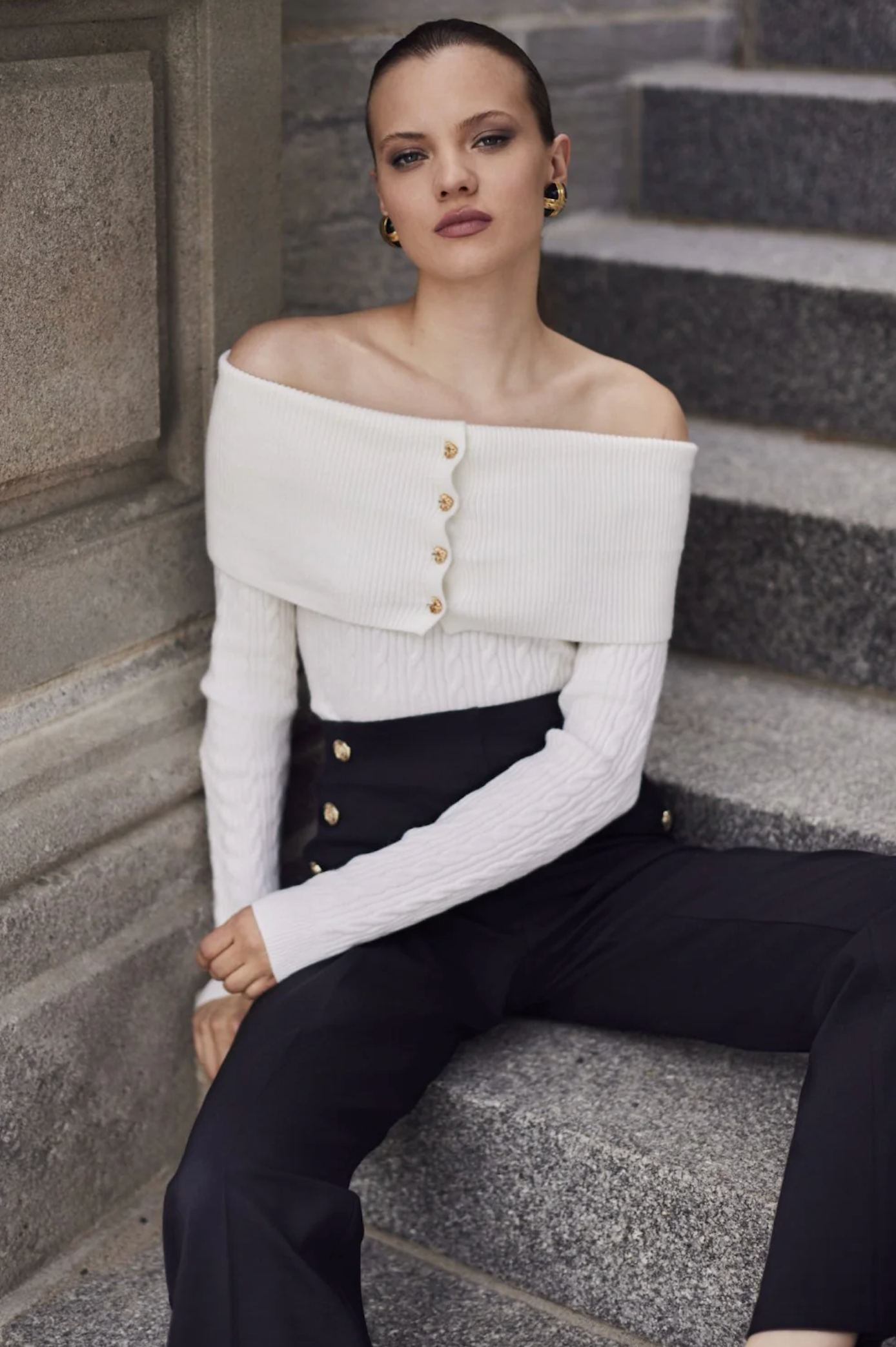 OFF THE SHOULDER FITTED SWEATER WITH HEART SHAPE BUTTONS 254914