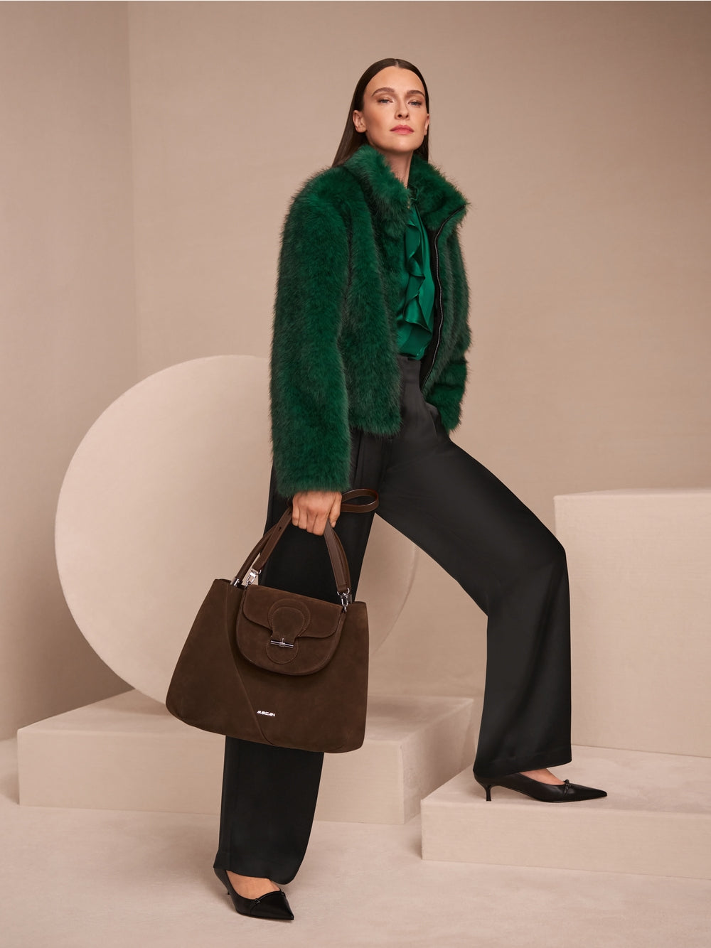 MARC CAIN COSY FAUX FUR JACKET IN DARK JADE GREEN